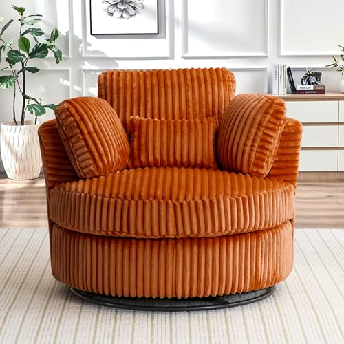 Chair and A Half with Ottoman, 360° Swivel Accent Barrel Chair Modern Comfy Round Reading Sofa Swivel Chairs Circle Lounge Chair for Bedroom Living Room w/4 Pillow Lower Seating Heigh (White, Large)