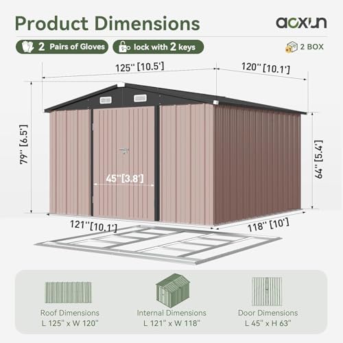 Aoxun 10 x 12FT Outdoor Storage Shed with Double Hinged Large Door Utility Garden Shed with Lockable Door & Sloped Roof Metal Sheds Outdoor Storage for Garden, Backyard, Patio and Backyard, Brown
