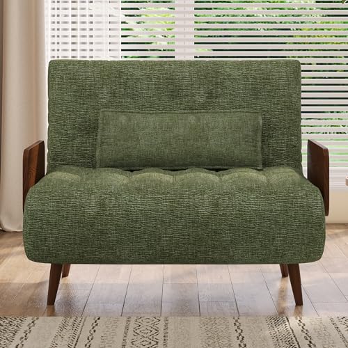 3-in-1 Convertible Chair Bed Sleeper for Adults, Linen Convertable Sleeper Chair with Wooden Arms & Pillows, Foldable Single Futon Sofa Bed (Mid Century with Walnut Arm, 36.6" Wide)