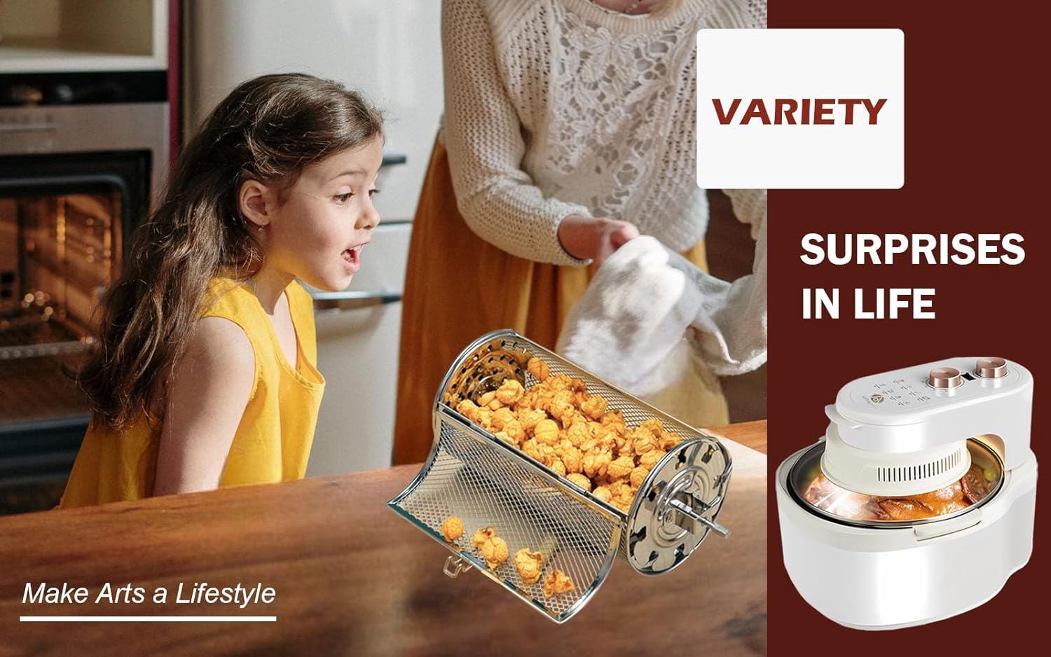 10-in-1 Functions Glass Air Fryer 8 Qt Large Capacity,Explosion-Proof,White Gold and Beige Cream Color,Rotating Grill Basket-Even Heating,Visible Window,Won't Burnt,No Smell