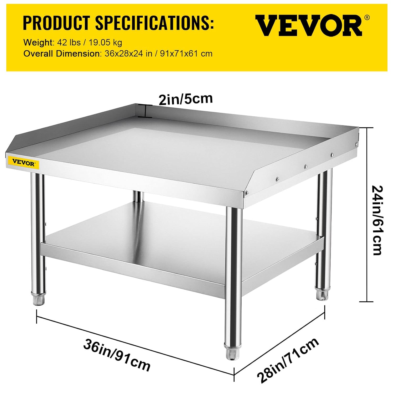 VEVOR Stainless Steel Equipment Grill Stand, 36 x 28 x 24 Inches Stainless Table, Grill Stand Table with Adjustable Storage Undershelf, Equipment Stand Grill Table for Hotel, Home, Restaurant Kitchen