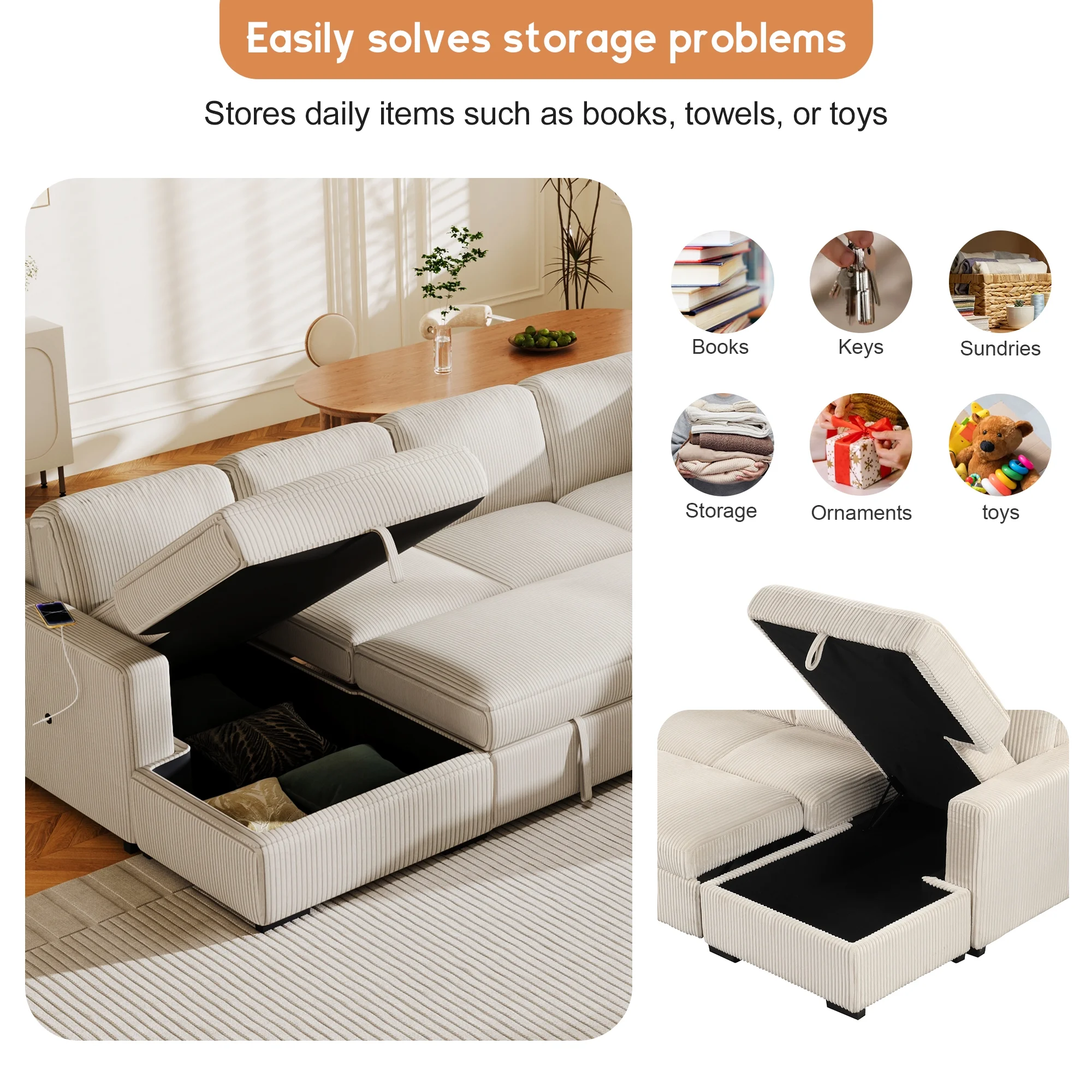 EUROCO 116.5"  Larger 7-Seater Modular Sectional Sofa and Couch, U-Shaped Couch Corduroy Pull Out Sofa Bed with Storage Chaise and USB interfaces for Living Rooms, Offices, and Spacious Spaces,Beige