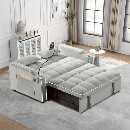 Convertible Sleeper Sofa Bed, 3 in 1 Velvet Pull Out Loveseat Couch Modern Comfy Futon Sofa with Adjustable Backrest & Phone Holder & USB Charging Space Saving for Living Room, Small Apartment, Grey