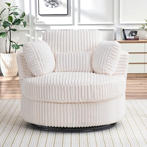Chair and A Half with Ottoman, 360° Swivel Accent Barrel Chair Modern Comfy Round Reading Sofa Swivel Chairs Circle Lounge Chair for Bedroom Living Room w/4 Pillow Lower Seating Heigh (White, Large)