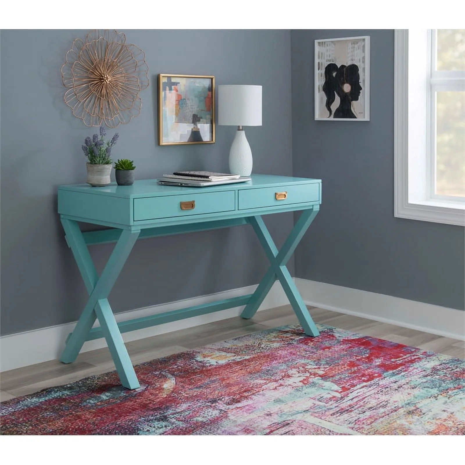 Linon Peggy Wood Two Drawer Writing Desk in Blue