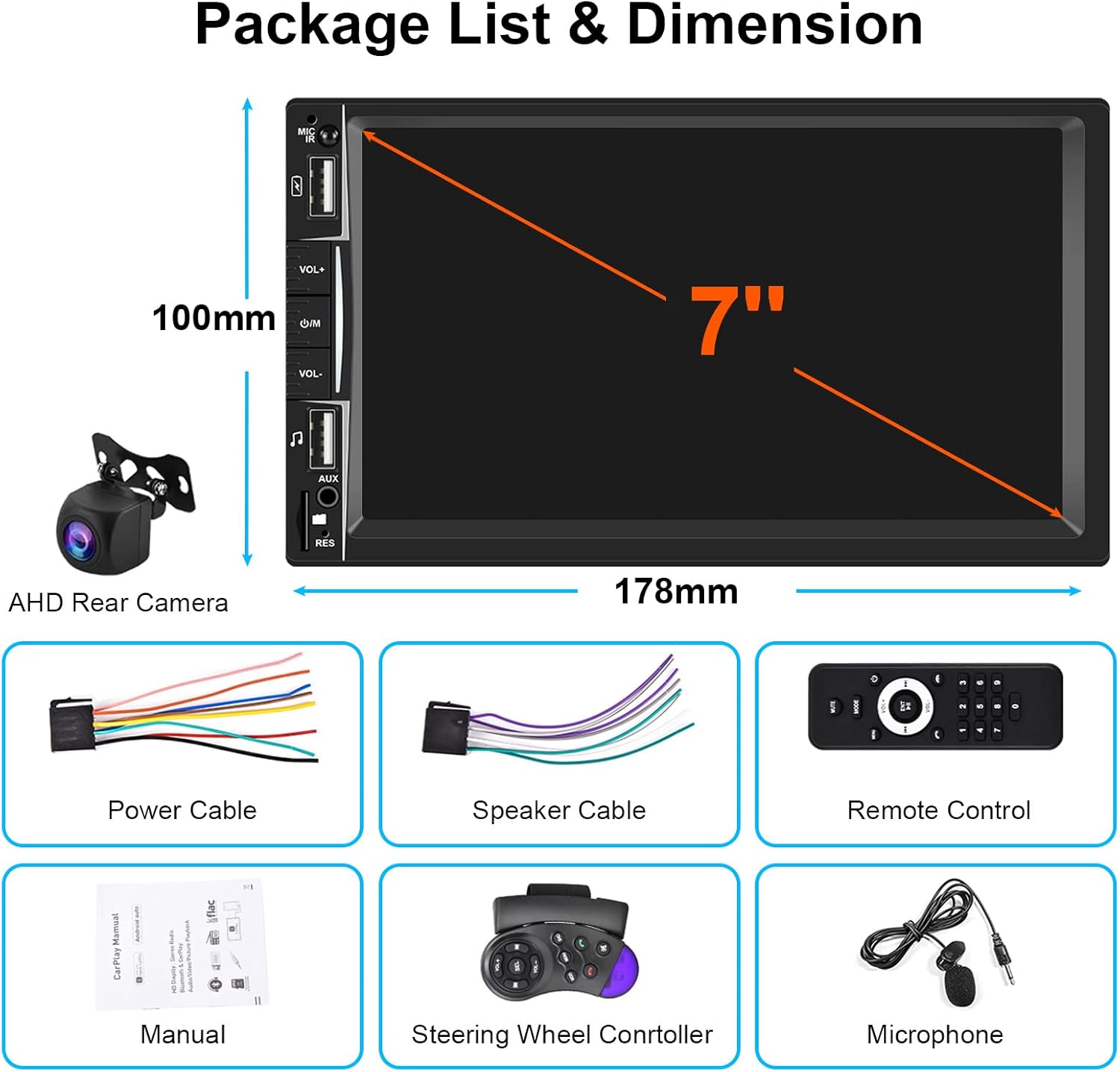 EKAT Double Din Car Stereo Radio Compatible with Caplay and Android Auto, 7 inch Touch Screen Car Multimedia MP5 Player with Bluetooth FM TF AUX-in USB Fast Charge Port SWC + AHD Backup Camera