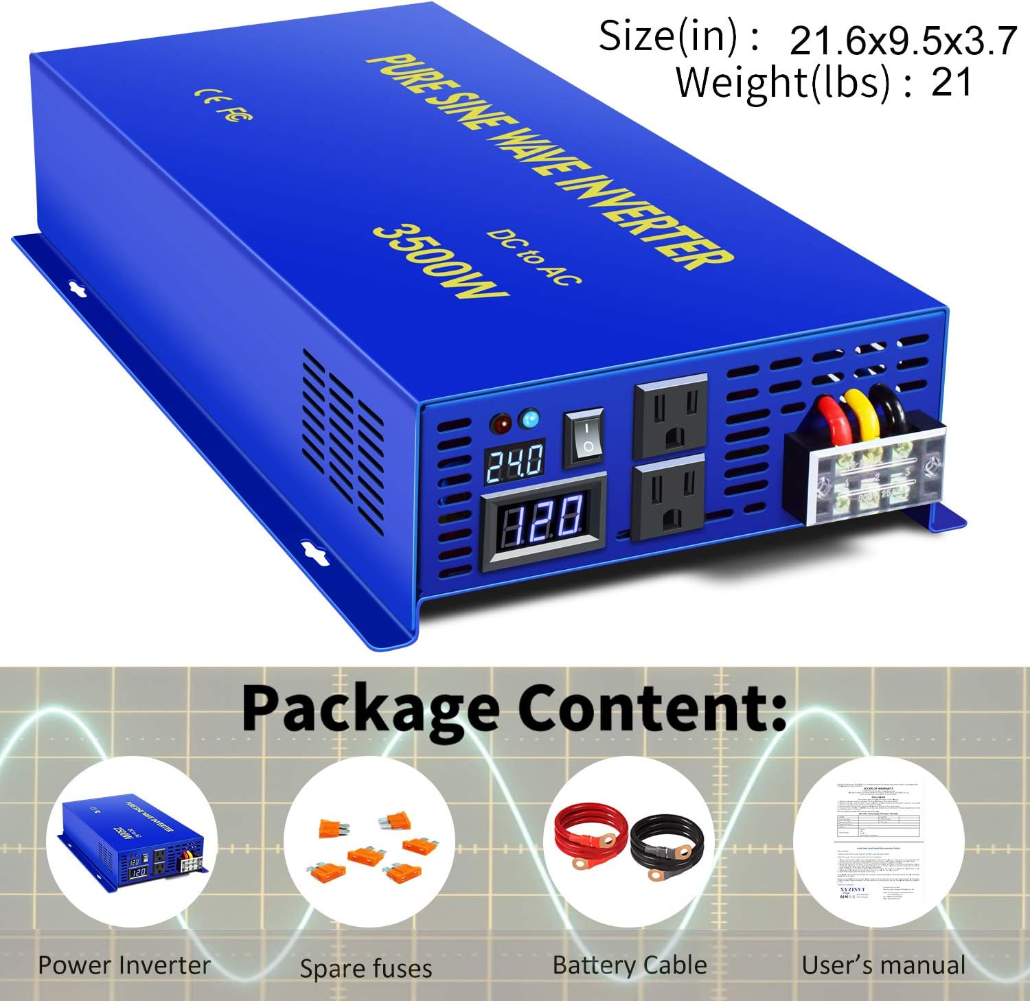XYZ INVT Pure Sine Wave Power Inverter 3500W / 7000W (Peak) Car Caravan RV Camping Boat DC 24V Inverter Soft Start 24V DC to AC 110V 120V DC Inverter Converter with LCD Display