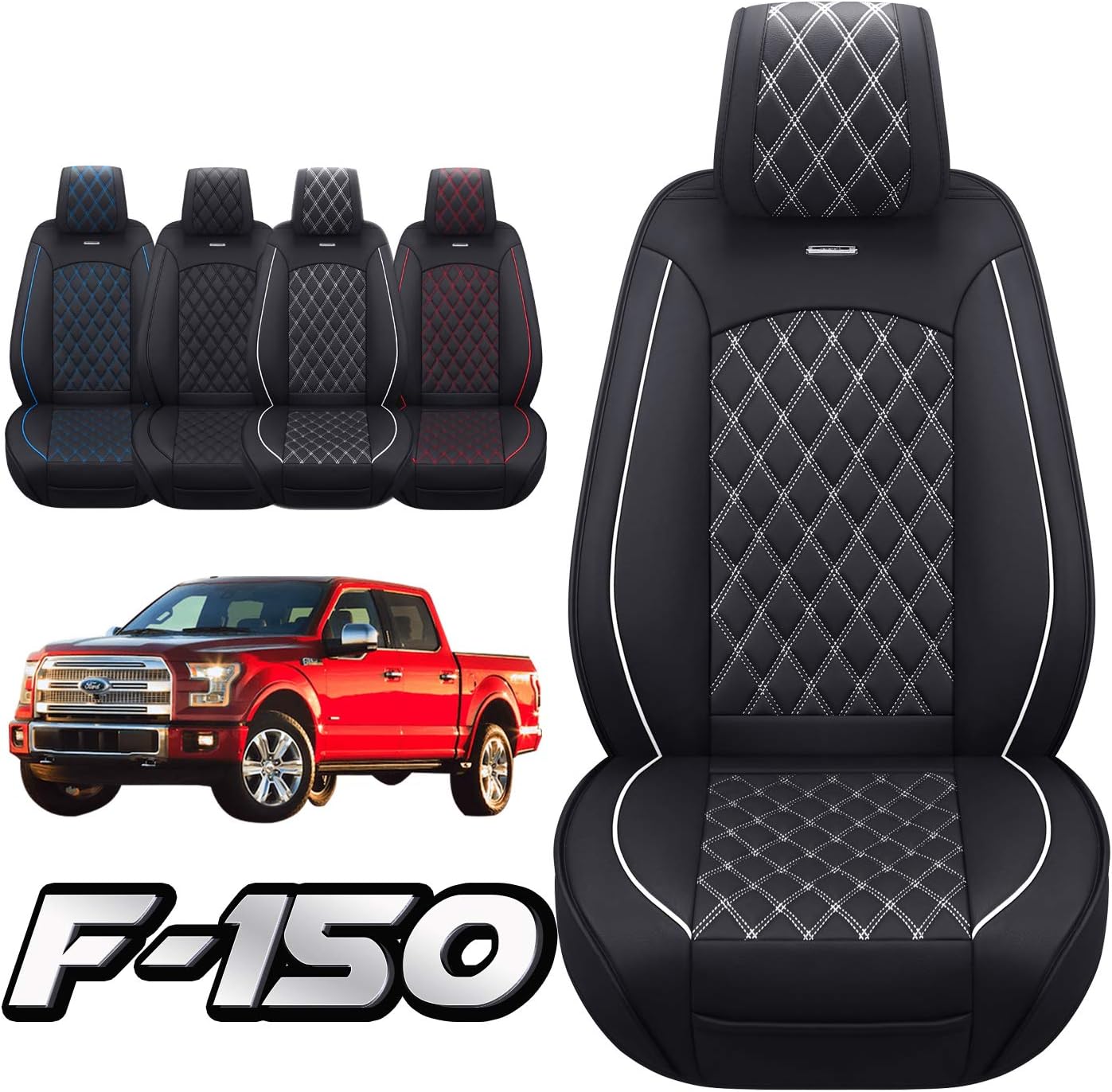 Aierxuan Car Seat Covers Full Set with Waterproof Leather, Automotive Vehicle Cushion Cover for Cars SUV Pick-up Truck Fit for 2009 to 2022 Ford F150 and 2017 to 2022 F250 F350 F450(Black and Blue)