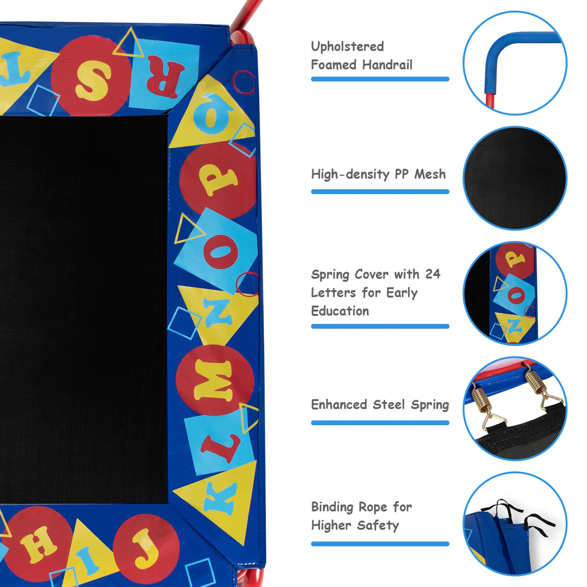 Gymax 36'' Kids Square Trampoline Indoor Outdoor Rebounder W/Foam Handrail Alphabet Pad