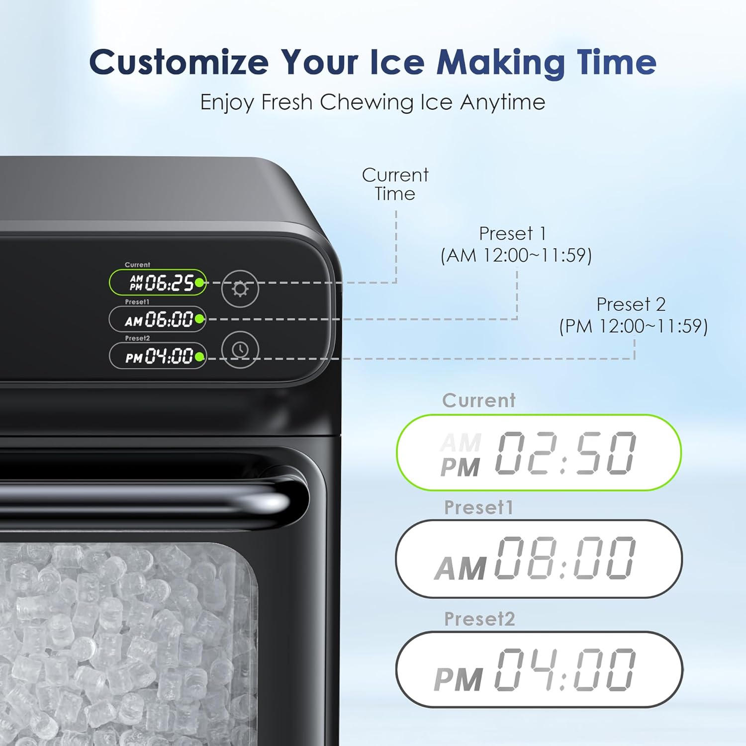 Oraimo Nugget Ice Maker, Ice Makers Countertop, 33 lbs/Day, Time Preset on LED Display, Self-Cleaning & Auto Water Refill, Sonic Pebble Ice Machine