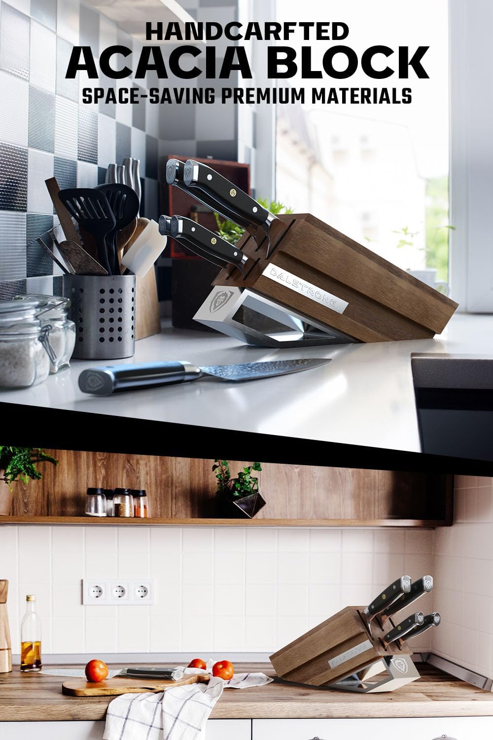 DALSTRONG Knife Block Set - 5 Piece - Shogun Series ELITE - AUS-10V High-Carbon Japanese Steel - Black G10 Handles - Acacia Wood - Damascus - Kitchen Knife Set with Block - Professional Cutlery Set