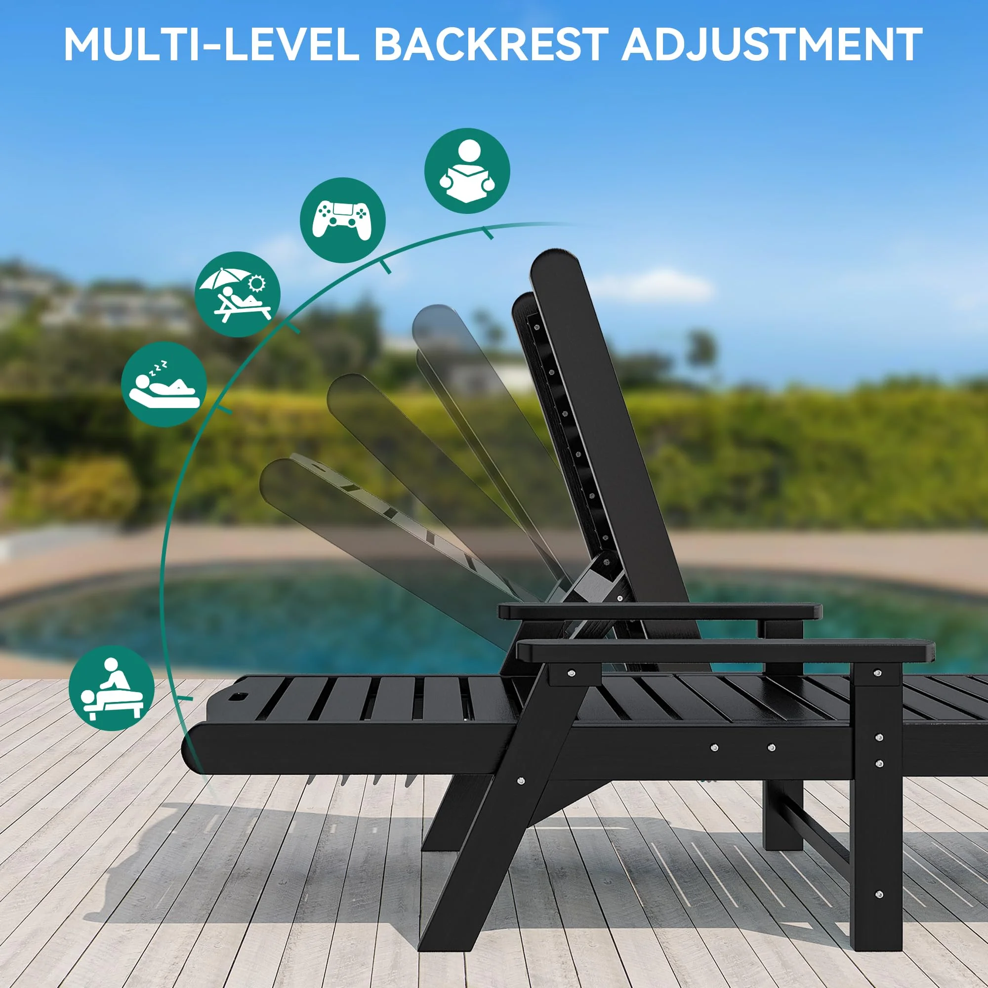 Dextrus Outdoor Chaise Lounge Chair with Adjustable Backrest, Heavy Duty Resin Patio Lounger with Wide Armrest and 350lbs Capacity for Outside Poolside Beach Backyard, Waterproof, Black