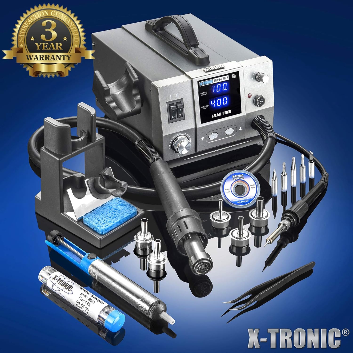 X-Tronic 7040-PRO-X • 775 Watt • Small Footprint Hot Air Rework & Soldering Iron Station • Digital Temp Controls, C/F Conversion, Calibration Func, 0-30 Min Sleep, Auto Cool Down, Mute/Unmute Sound