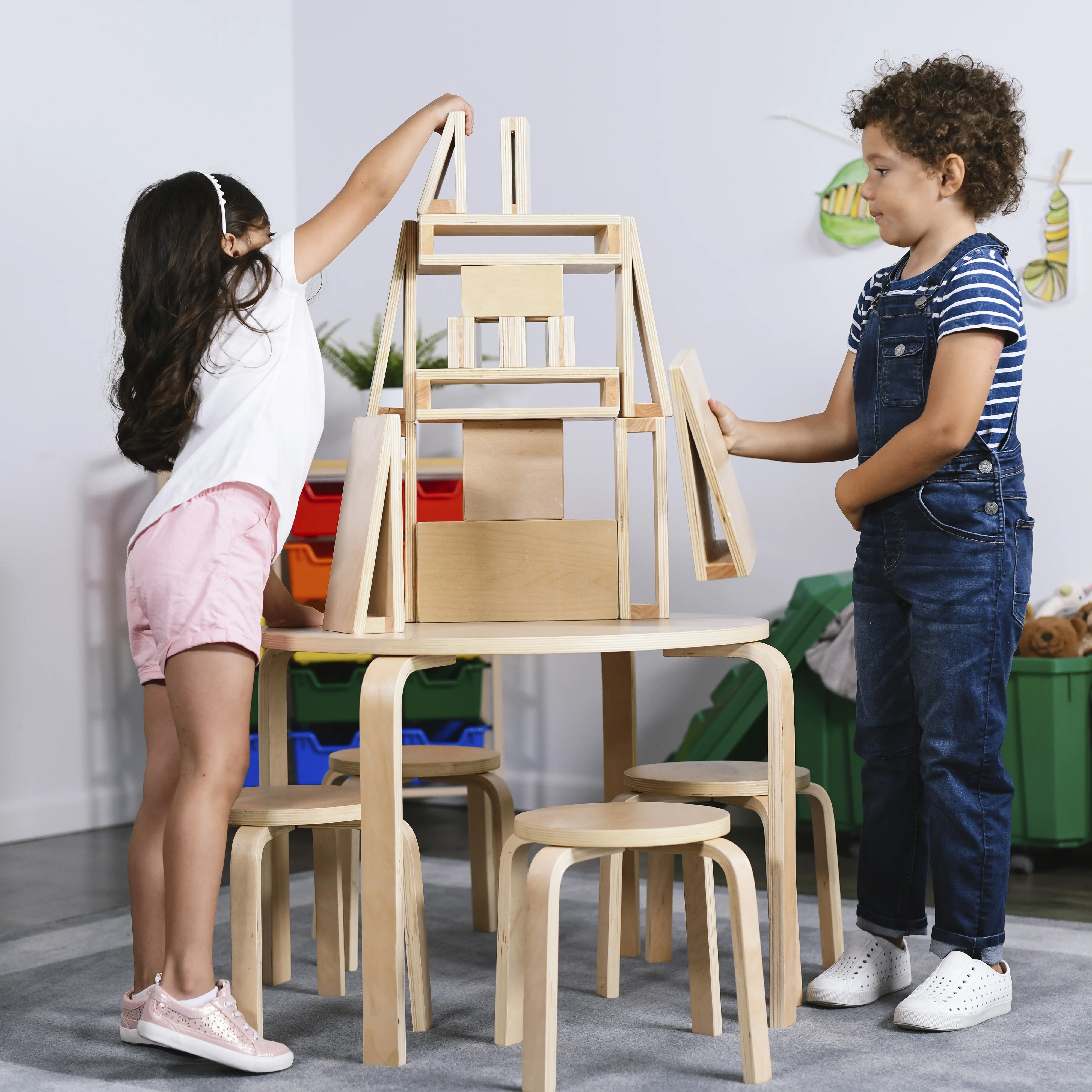 ECR4Kids Bentwood Round Table and Stool Set, Kids Furniture, Natural, 5-Piece