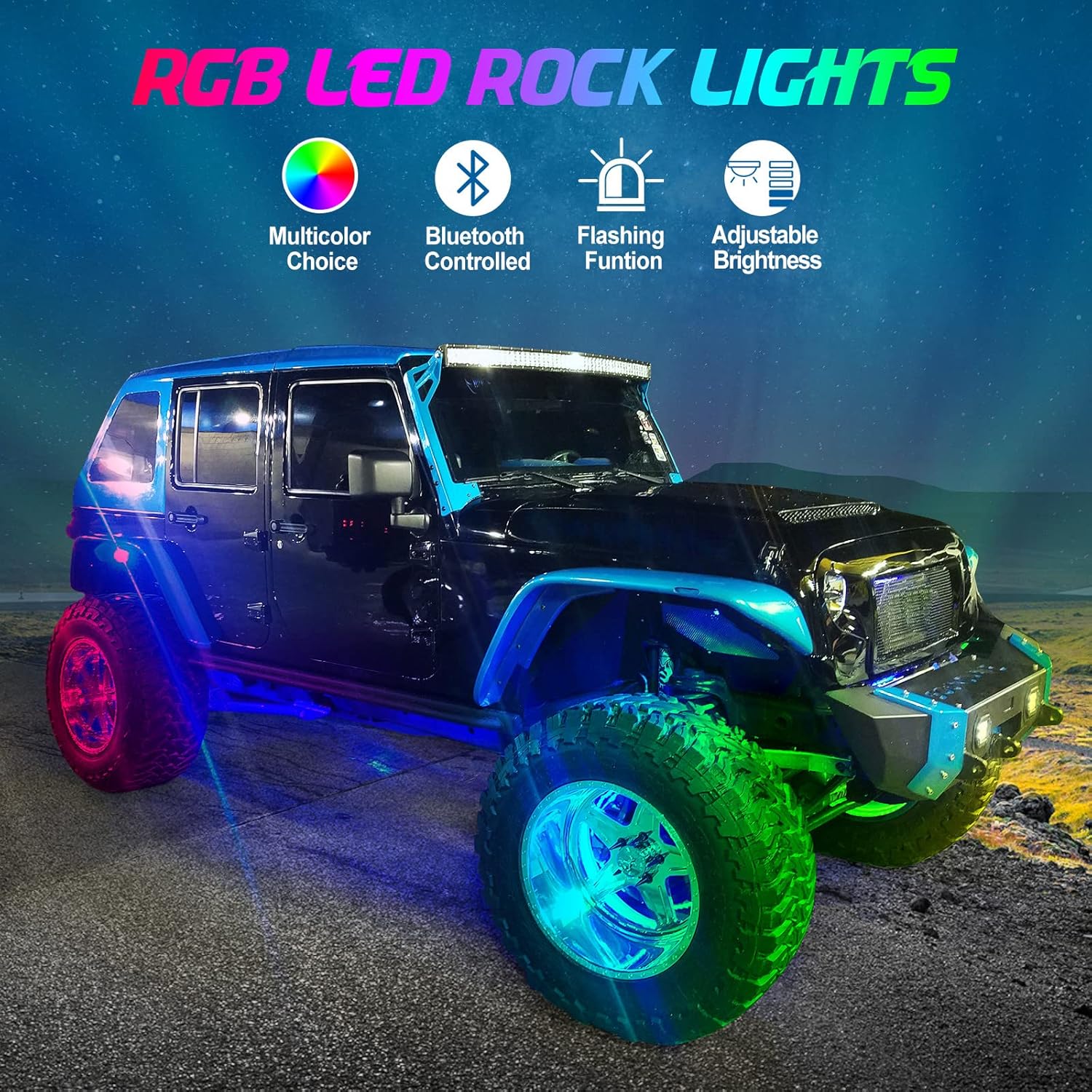 AMONLY RGBW Led Rock Lights Kit, Multicolor Underglow Waterproof Neon Lights With APP Control Timing Function Flashing Music Mode Exterior Light Compatible with Jeep Off Road Car Truck ATV UTV, 4 Pods