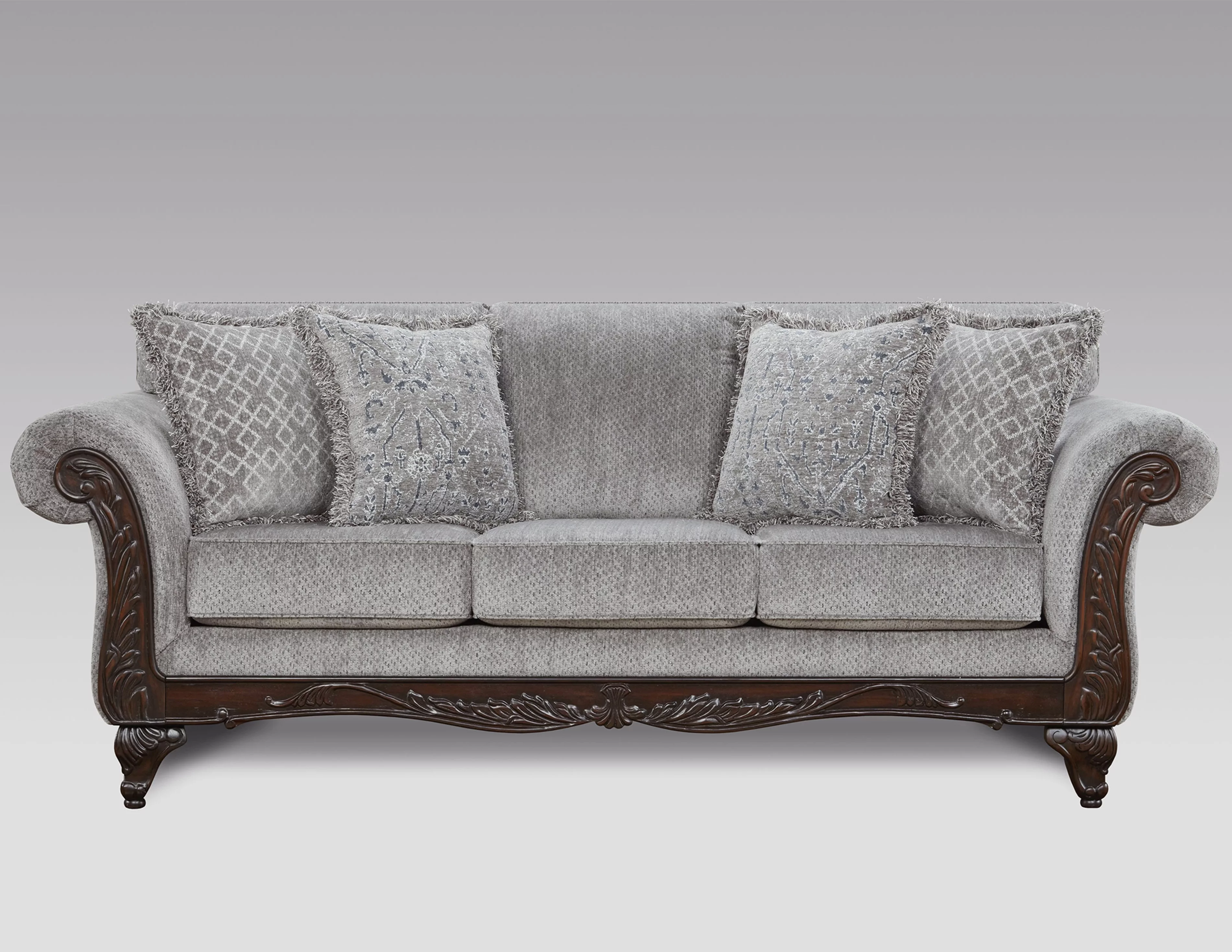 Roundhill Furniture Hernen Carved Wood Frame Polyester Sofa and Loveseat Set, Gray