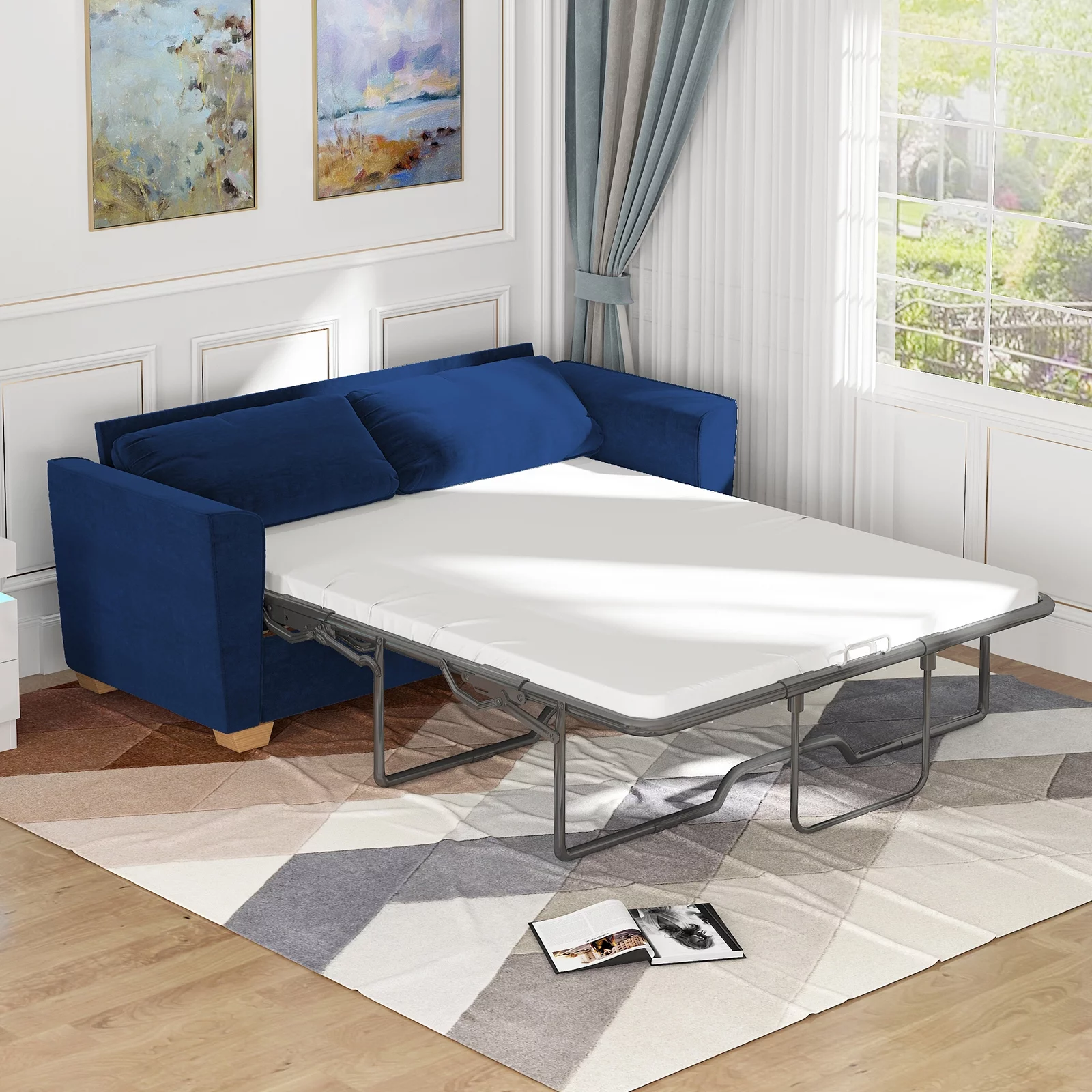 MUZZ Full Size Pull Out Sofa Bed, Velvet Sofa Couvh with Pull Out Bed, Sleeper Sofa Couch with Foam Mattress, 2-in-1 Sleeper Couch Bed for Living Room/Apartment/Small Spaces (Blue)