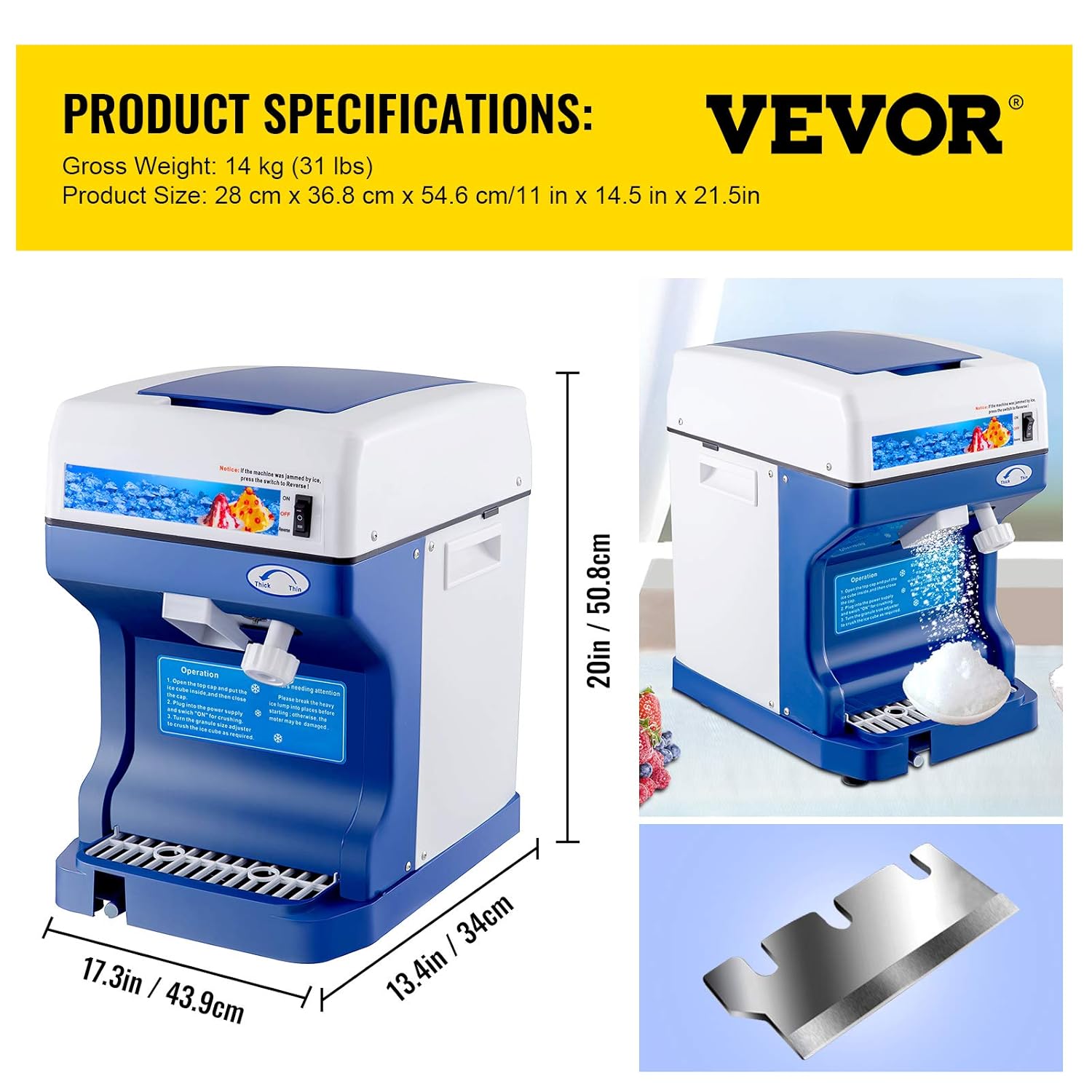 VEVOR 110V Electric Shaved Ice Machine 250W Snow Cone Maker Tabletop w/Adjustable Ice Texture, Ice Shaving Machine 265LBs/hr for Home and Commerical Use & Tablecraft Free Flow Pourers, Black, 12-Pack