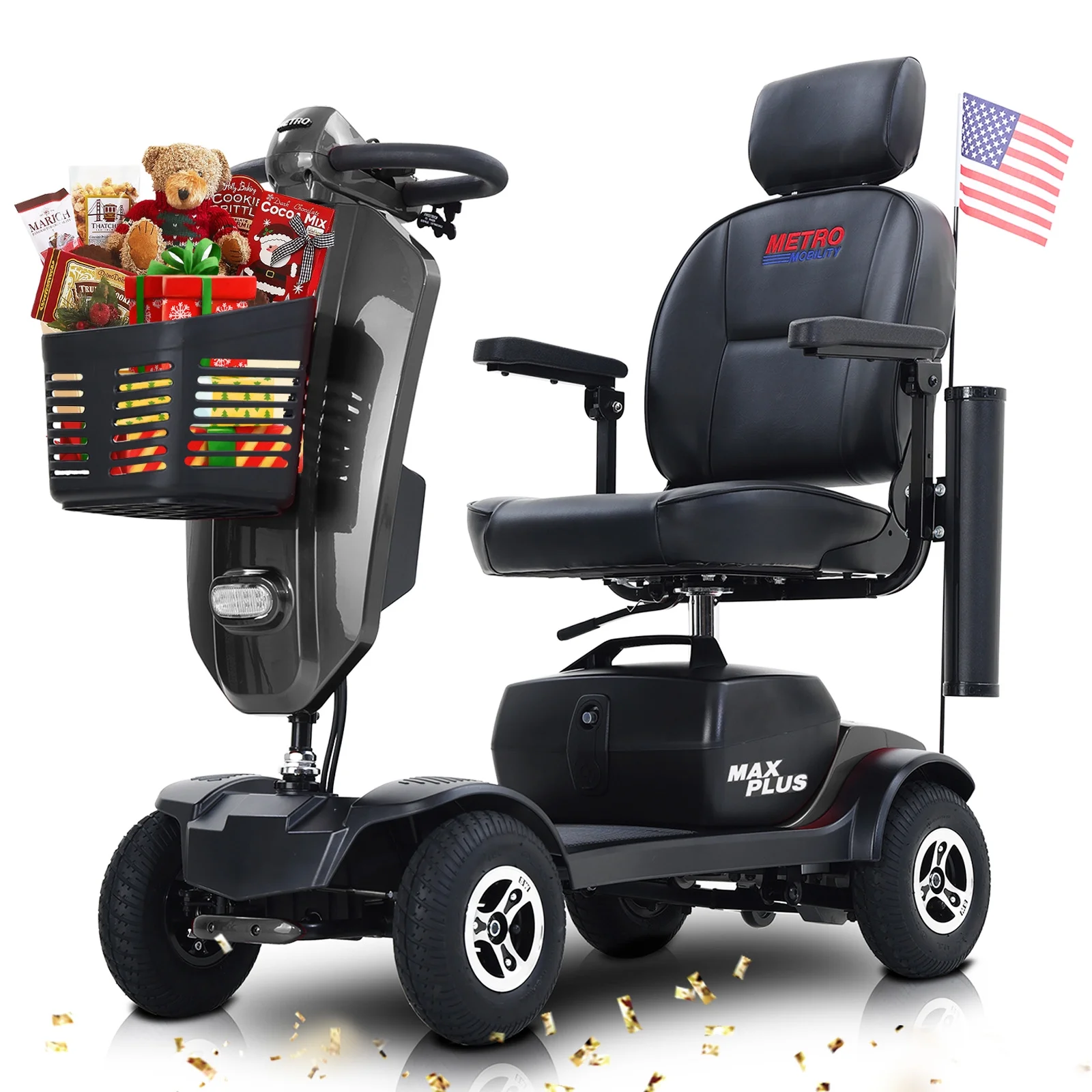 4 Wheels Mobility Scooter Grey LED Lights USB Port Extra Long Range for Seniors Adults