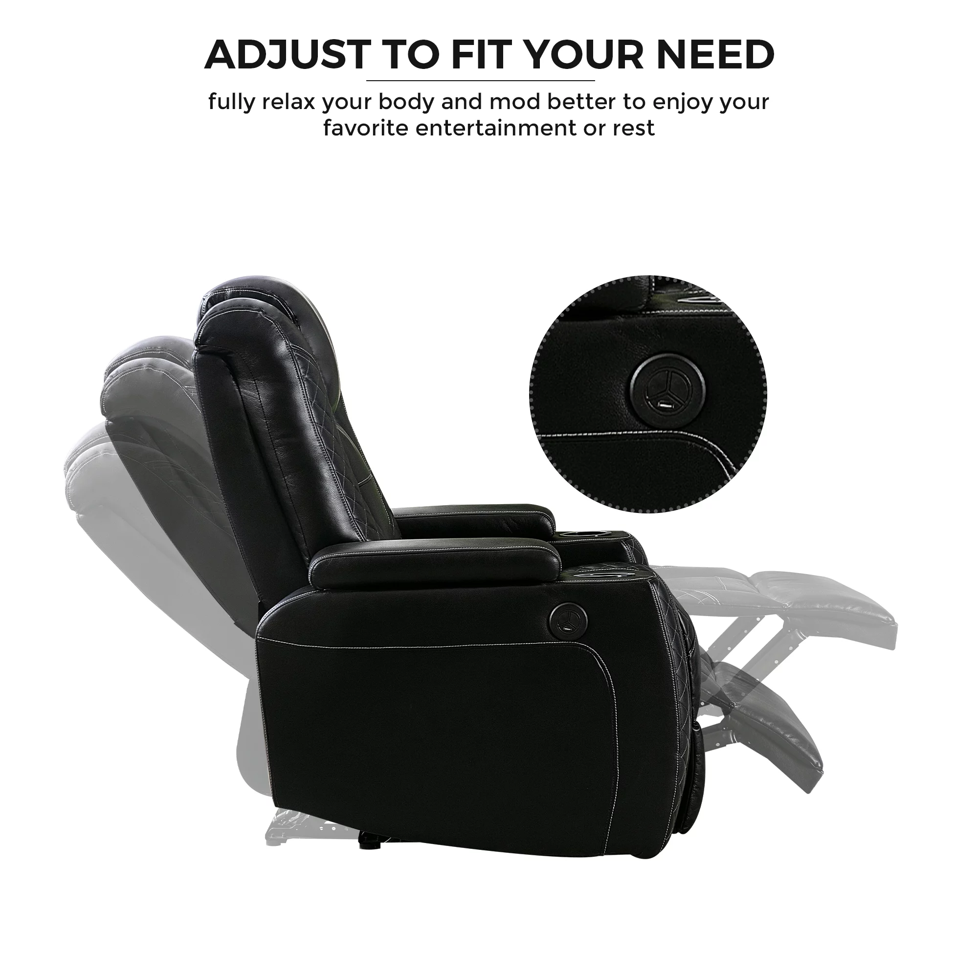 Electric Power Recliner Chair with USB Ports and Cup Holders, Breathable Leather Home Theater Seating with Hidden Arm Storage