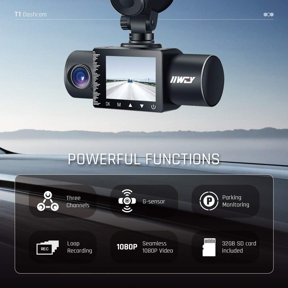 iiwey Dash Cam Front Rear and Inside 1080P Three Channels with IR Night Vision Car Camera SD Card Included Dashboard Camera Dashcam for Cars HDR Motion Detection and G-Sensor for Car, Taxi, Uber