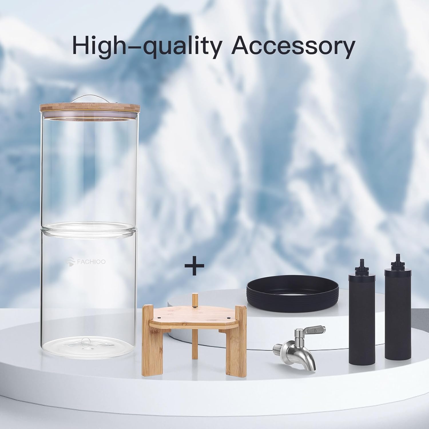 All Glass Gravity-fed Water Filter System, 2.25-Gallon All Glass Water Purifier with 4 Filters (4 Black Filter, 7 Inch Stand, Protective Sleeve), Reduces 99% Chlorine