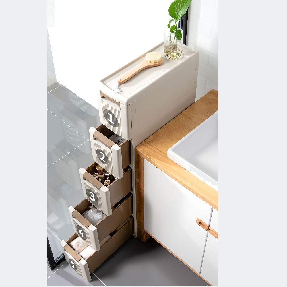 Feibrand 5 Storage Drawers Rolling Cart Organizer Plastic Drawers Unit on Wheels Tower Narrow Slim Container Cabinet for Bathroom Bedroom 17.7 x 7 x 38.8 Inches