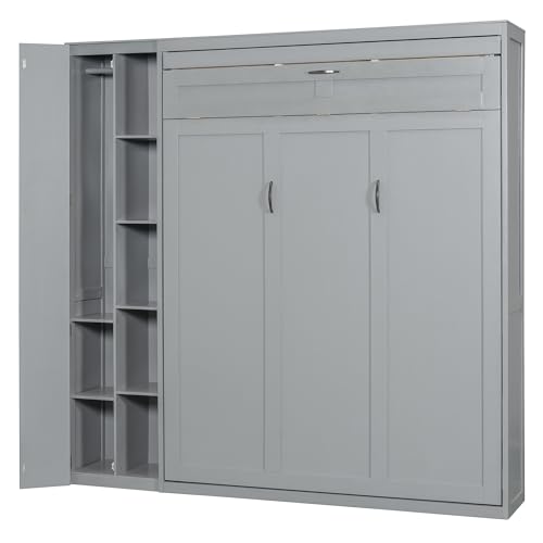 Harper & Bright Designs Queen Size Murphy Bed Wall Bed with Storage Shelves, Wardrobe and LED Lights, Space-Saving for Multipurpose Guest Room or Home Office, Gray