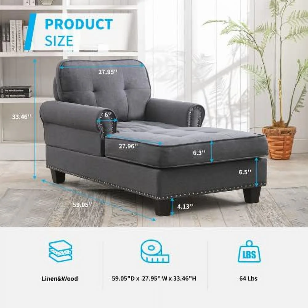 RUNFAYBIU Chaise Lounge Sofa Couch Linen Chaise Sofa Bed Bench with Tufted Back  Mid-Century Sleeper Sofa Chair Bed for Small Place/Apartment/Living Room/Office/Studio (Dark Gray)