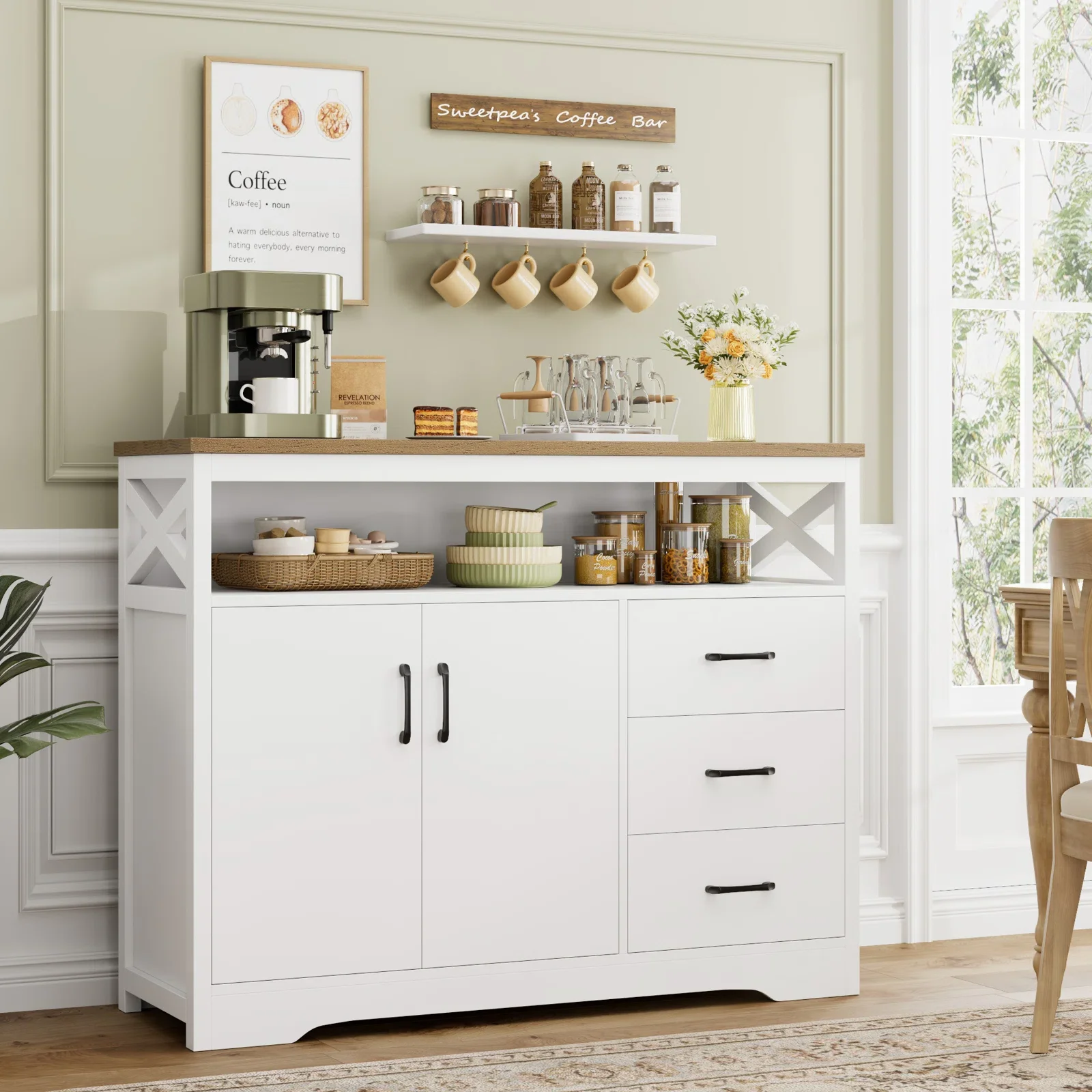 Homfa 47.2"W Kitchen Sideboard with Hutch, 3 Drawer Buffet Cabinet with 2 Doors for Dining Room, White - Curated Treasures Market