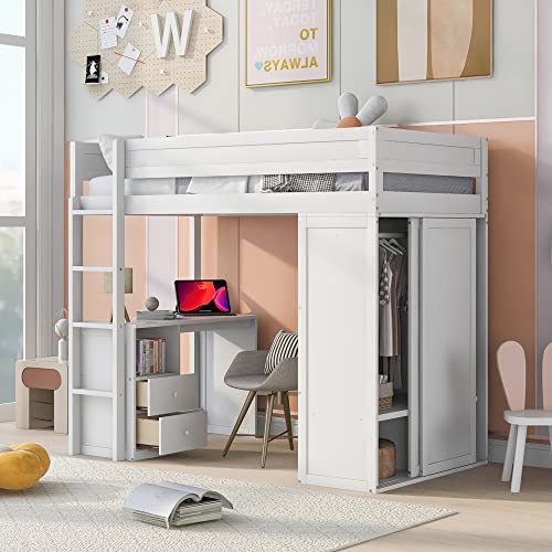 Full Size Loft Bed with Storage Wardrobe and Desk Wooden Loft Beds Frame with Drawers and Cabinet Wood High Loft Beds with Ladder for Kids Teens Adults, White