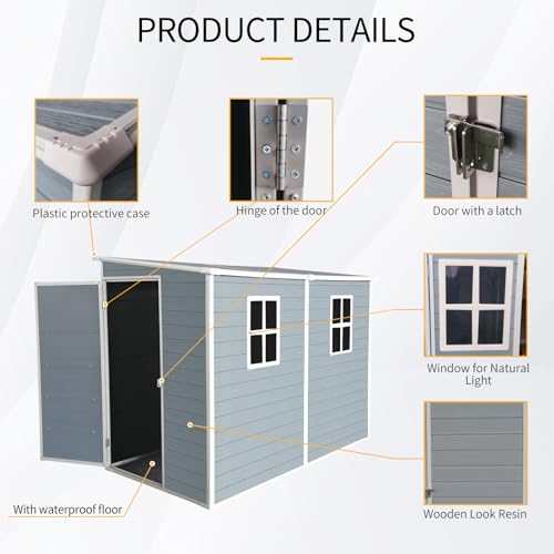 4x8 ft Outdoor Resin Storage Shed with Floor and 2 Windows, Lockable Double Door Resin Sheds with Vents, Waterproof Garden Shed for Backyard, Patio, Lawn, All-Weather Tool Sheds, Grey