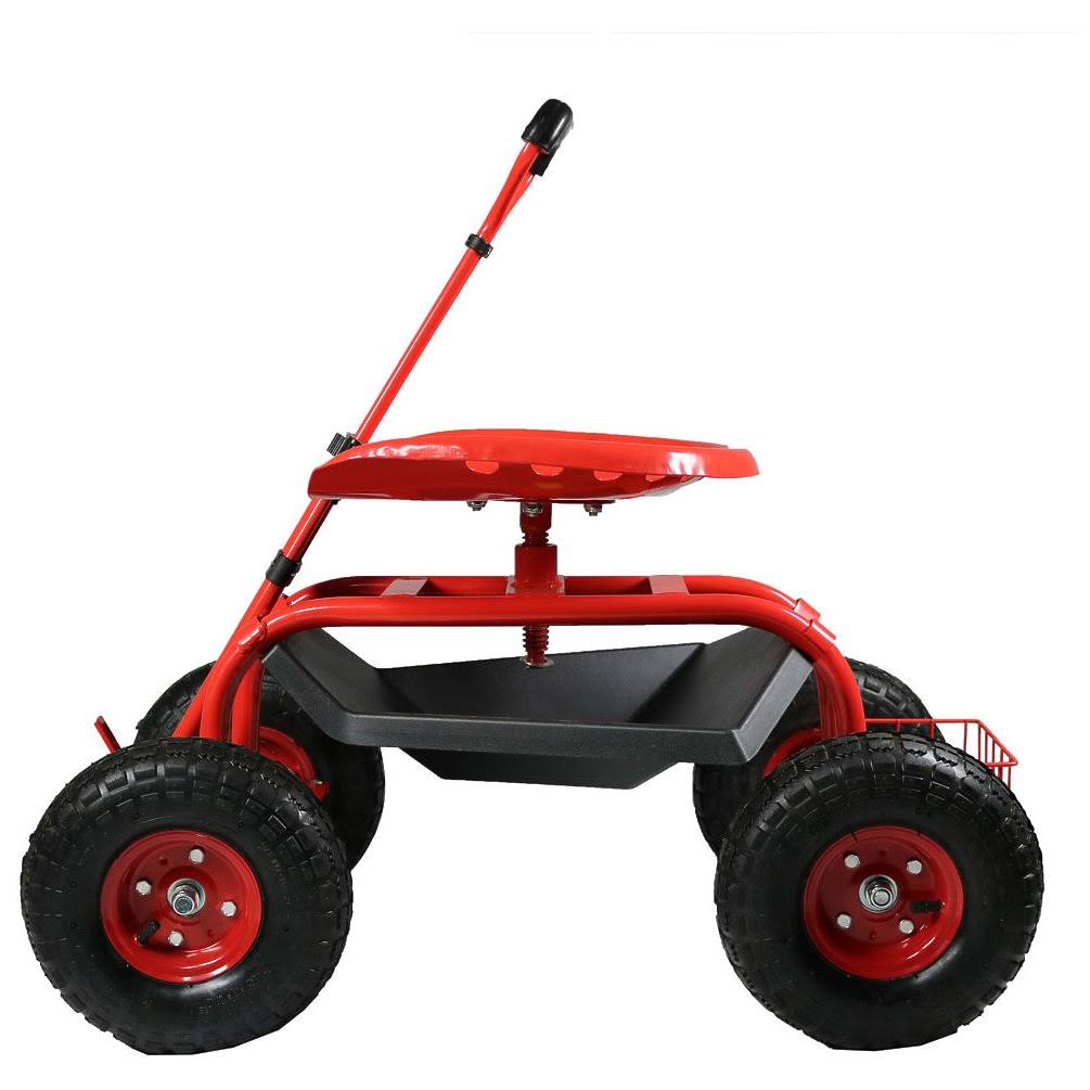 Sunnydaze Green Rolling Garden Cart with Extendable Steering Handle, Swivel Seat u0026 Basket