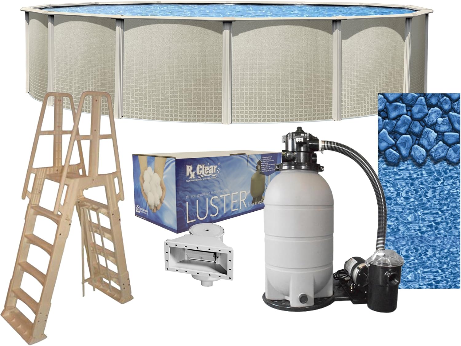 Lake Effect Pools 'Impressions' 18' Round above Ground Swimming Pool Complete Bundle Kit | 48" Height | Boulder Swirl Overlap Liner | A Frame Ladder System | Sand Filter System with Pump | Skimmer
