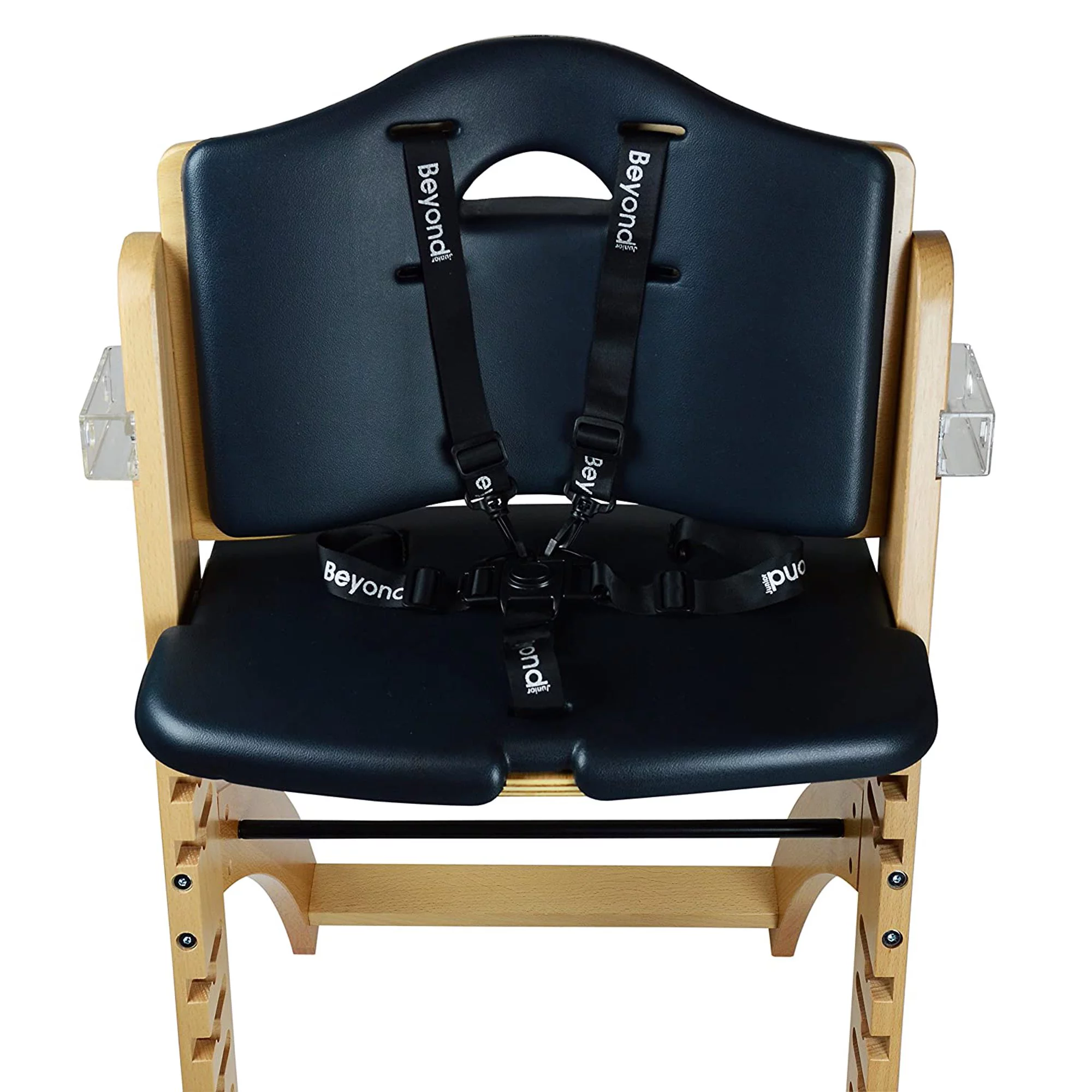 Abiie Beyond Wooden High Chair with Tray. The Perfect Adjustable Baby Highchair Solution for Your Babies and Toddlers or as a Dining Chair. (6 Months up to 250 Lb) (Natural Wood - Black Cushion)