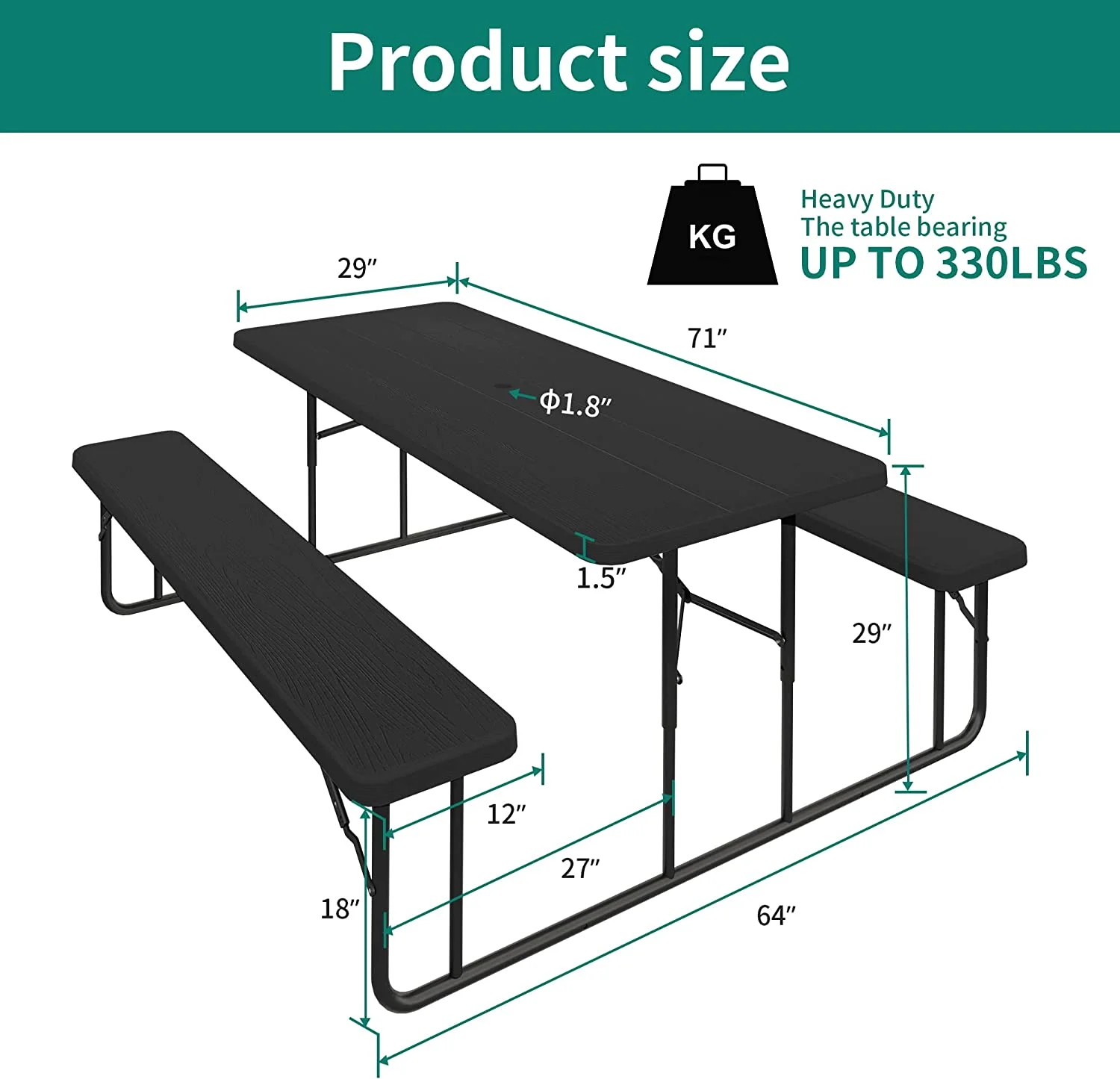 Dextrus 6ft Folding Picnic Table Heavy Duty Outdoor Picnic Table and Bench Resin Tabletop & Stable Steel Frame w/Umbrella Hole for Yard Patio Lawn Party Black