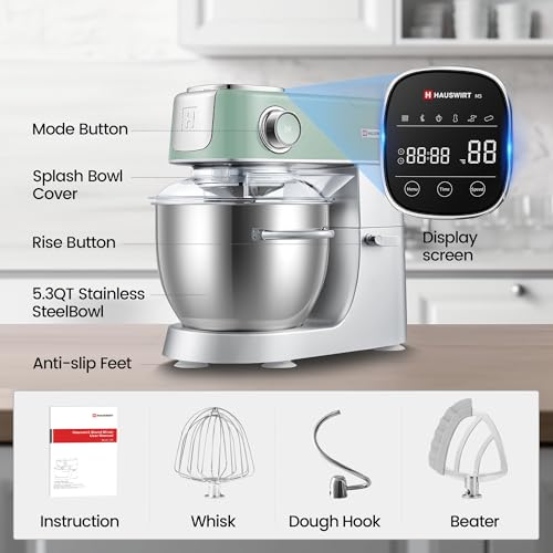 Hauswirt Stand Mixer, LED Smart Touchscreen Dough Mixer, 5.3Qt Mixers Kitchen Electric Stand Mixer, 11speeds 3-In-1 Kitchen Bread Mixer with Stainless Steel Egg Whisk, Dough Hook, Beater