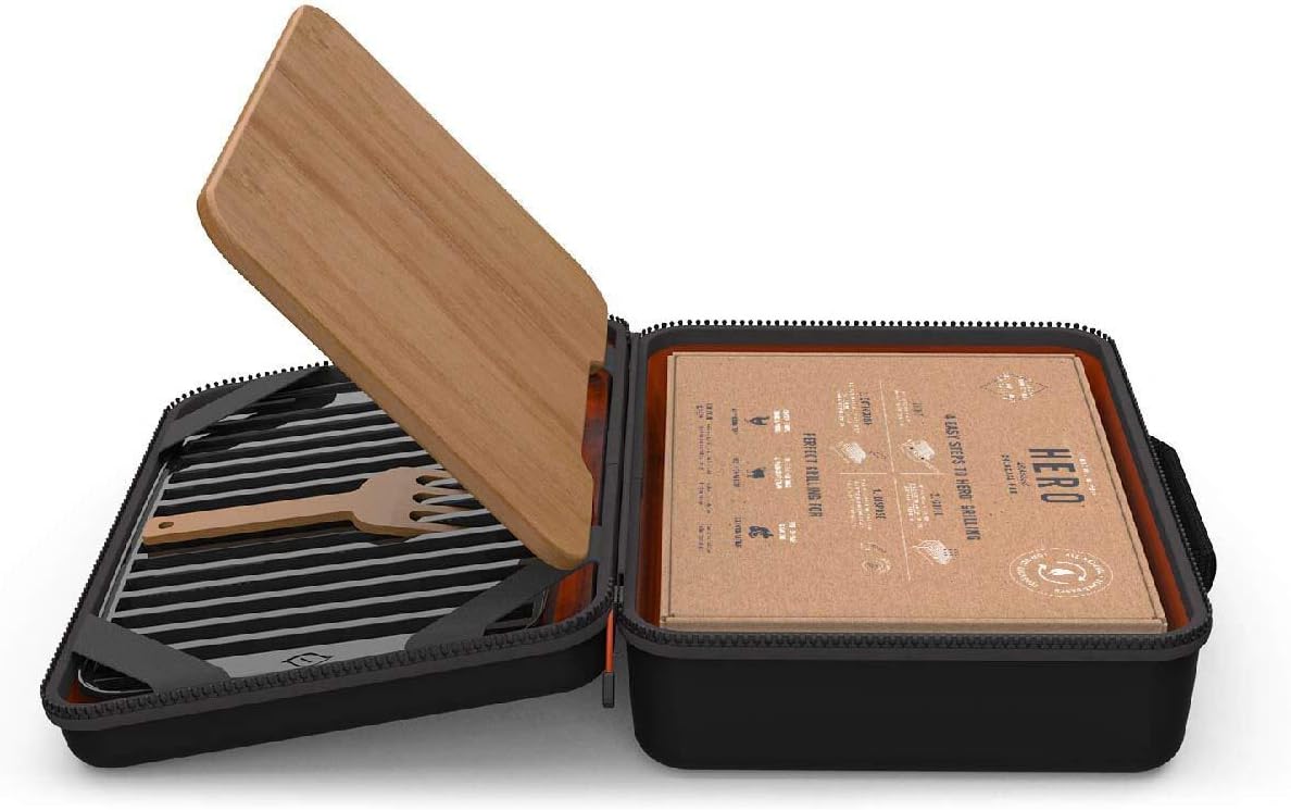 Fire & Flavor Hero System Ultra-Portable Easy Instant Light Charcoal Grilling for Tailgating, Beach RV, Park, Patio, Outdoors with Reusable Eco-Friendly Pod, Bamboo Cutting Board and Carry Case, Multi