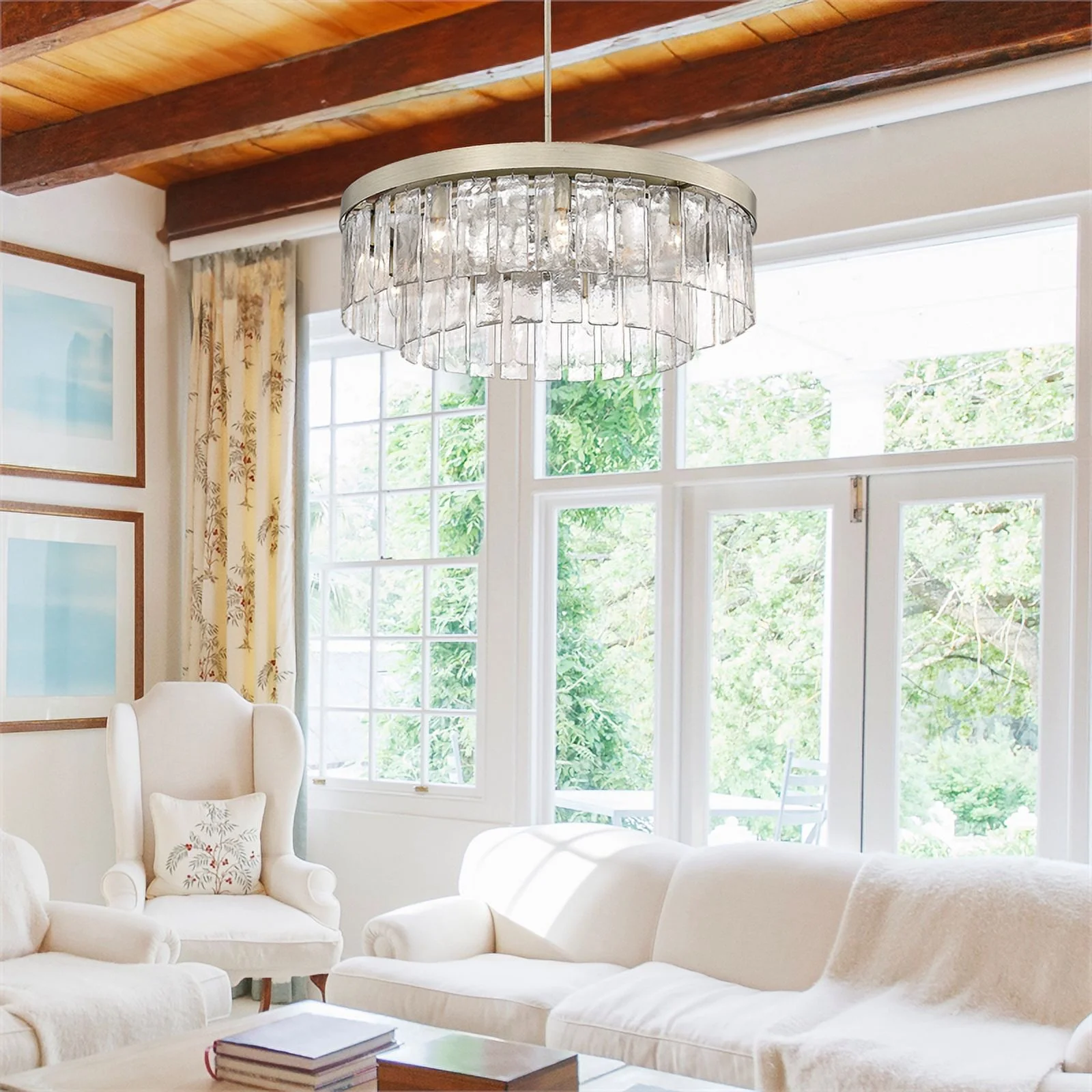 Ciara 9-Light Chandelier in White Gold with Hammered Water Glass