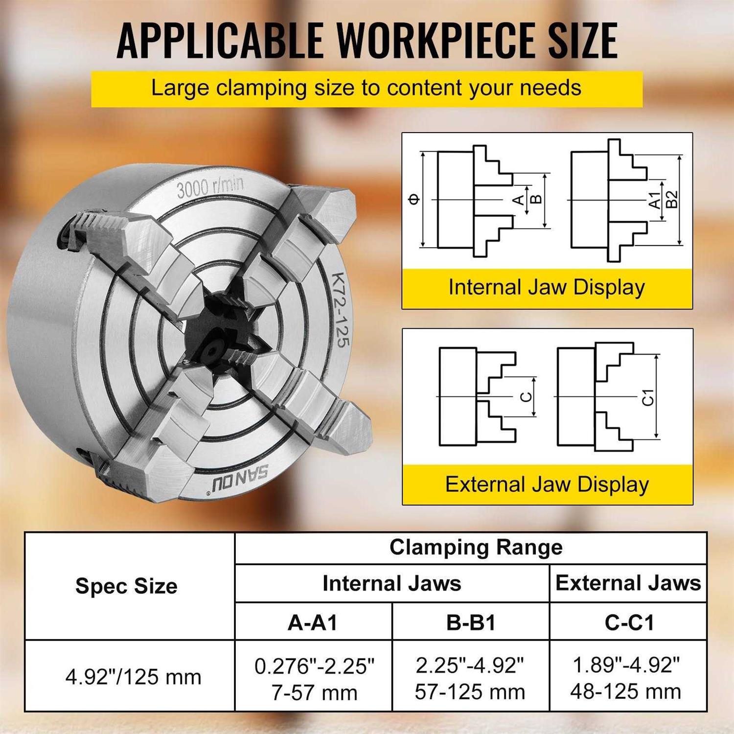 VEVOR K72-125 Lathe Chuck 5 inch 4-Jaw,Lathe Chuck Independent Reversible Jaw,Metal Lathe Chuck Turning Machine Accessories,for - Shop Hardware Tools Online Store