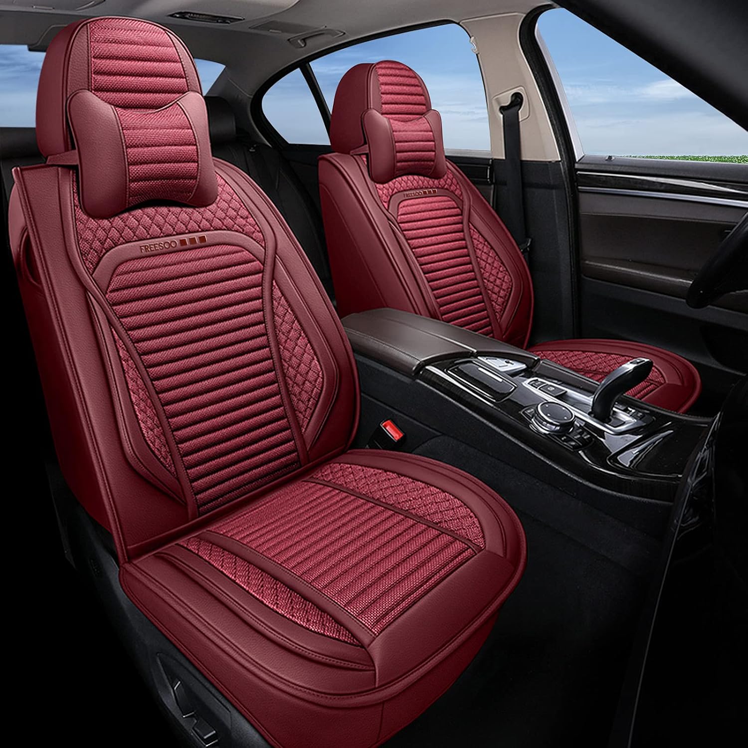 FREESOO Car Seat Covers Leather&Linen, Fashion Full Set Coverage Seat Cover Cushion Auto Accessories Universal Fit for 5 Seats Vehicle Year Round Use (Beige 12)