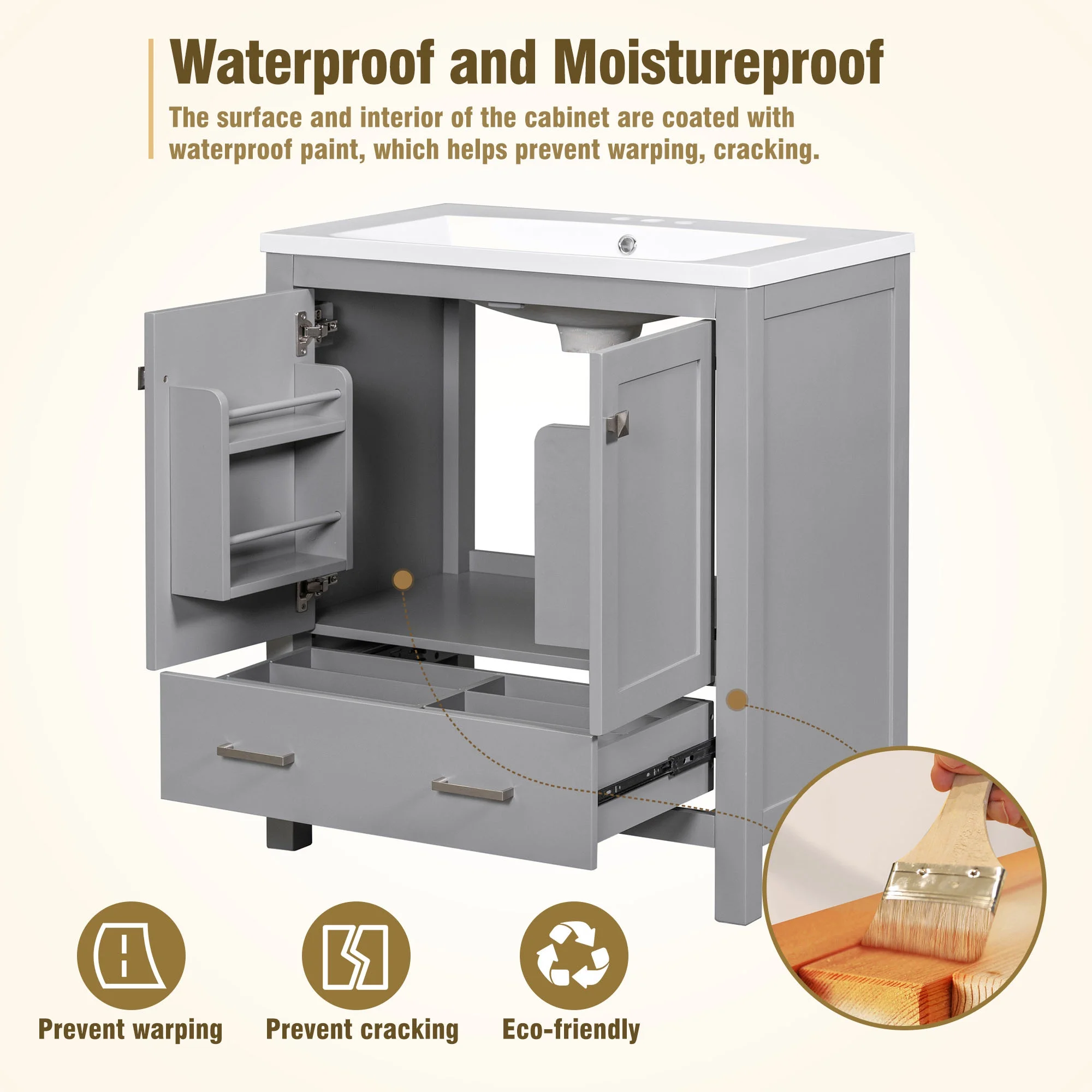 EUROCO 30" Modern Bathroom Vanity Cabinet Solid Wood with Top Basin,Bathroom Storage Cabinet with Soft Closing,1 Drawer,2 Doors