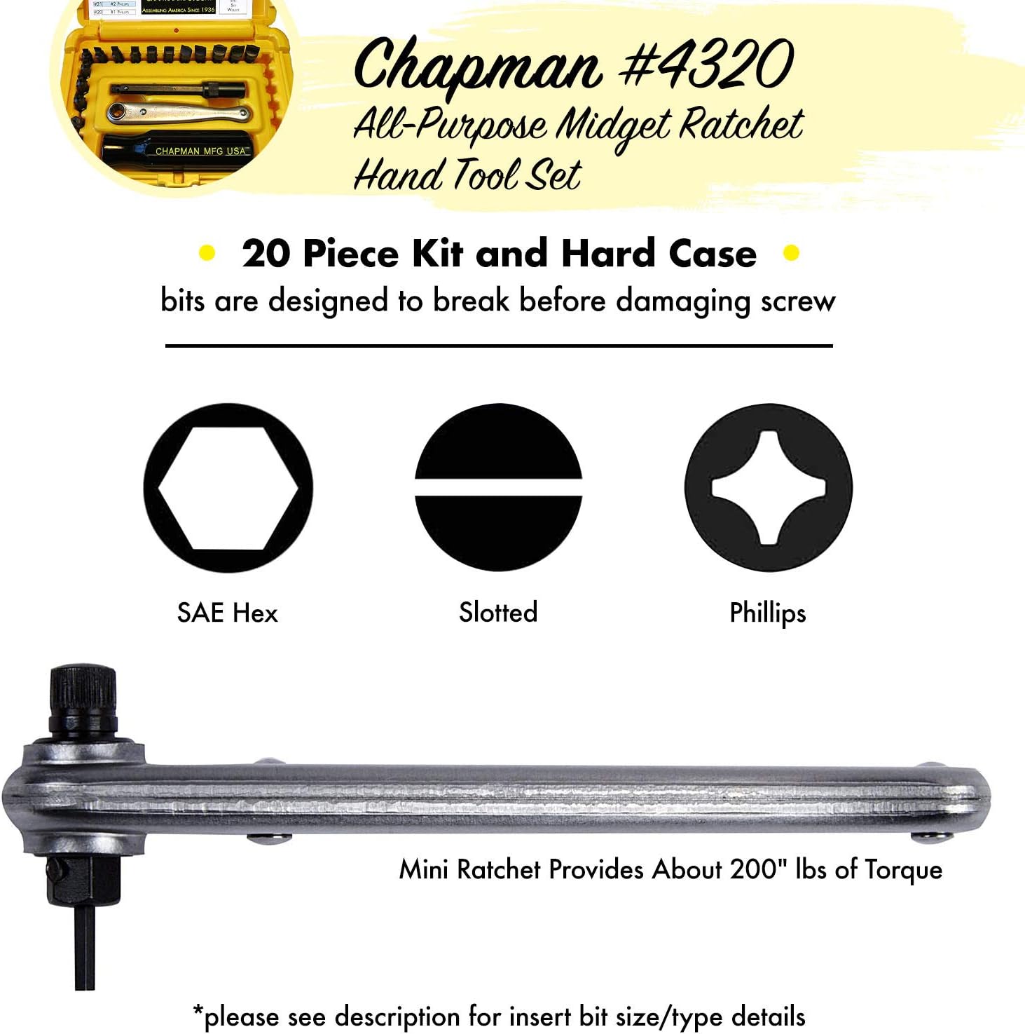 Chapman MFG 7331 All-Purpose Standard Screwdriver Set - Includes Phillips, SAE Allen Hex & Slotted/Flathead Bits, Complete Set Offers 24 USA Made Insert Bits + Mini Ratchet Hand Tool (Desert Tan Case)
