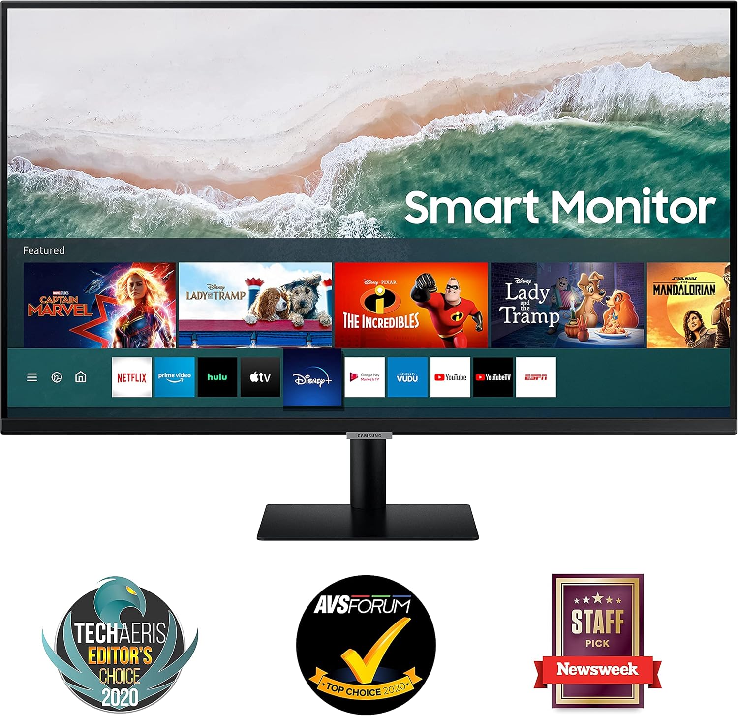 SAMSUNG 32-inch 4K UHD Smart Monitor with Adaptive Picture, Ultrawide Game View, Built-In Speakers, Remote, HDMI, USB-C, 2021 Model LS32AM702UNXZA, Black