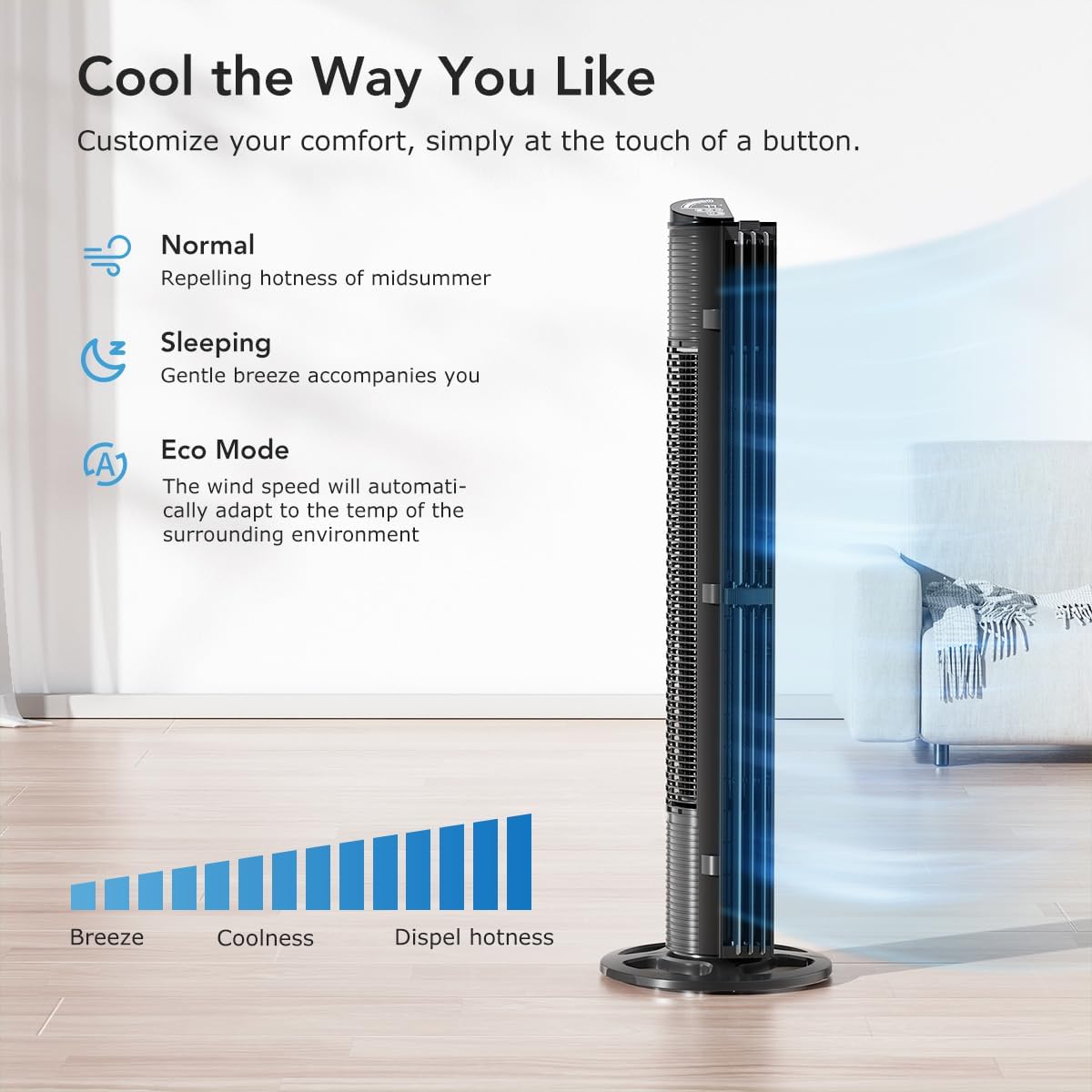 U ULTTY Tower Fan for Bedroom, 30ft/s Velocity Quiet Floor Fan, 60° Oscillating Fans for Indoors with 6 Speeds, 4 Modes, 15H Timer, Standing Fans, 40 inch Bladeless Fan for Home, Living Room, Black