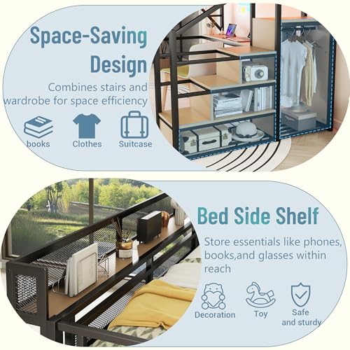 Full Size Loft Bed with Stairs and Storage, Metal Loft Bed Frame with Bedside Shelf and Large Under-Bed Space, Heavy-Duty Bed for Adults Teens and Kids, Black