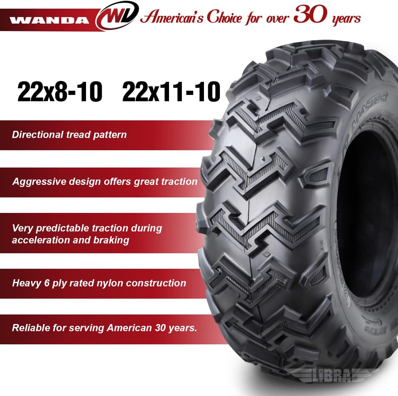Set of 4 WANDA ATV UTV Tires 22x8-10 Front & 22x11-10 Rear 6 Ply Rated
