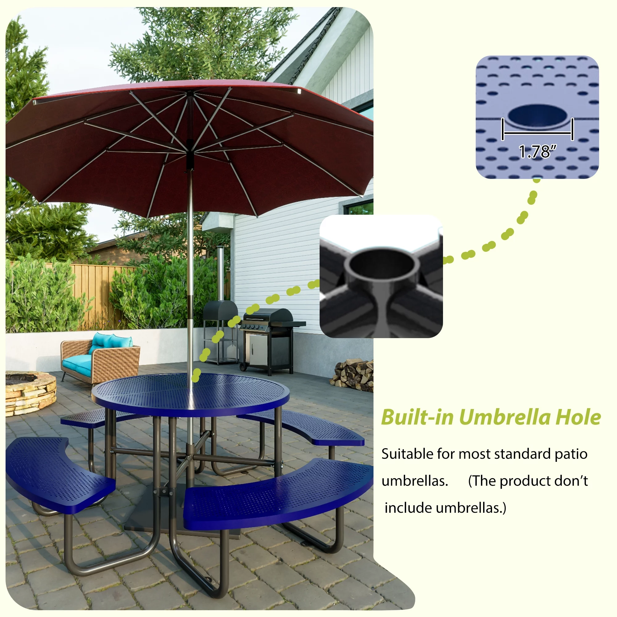 46'' Steel Round Picnic Table for Outdoors, Expanded, Lifetime Picnic Table with Umbrella Hole, Heavy Duty Sturdy Commercial Picnic Tables for Garden Courtyard BBQ, Blue