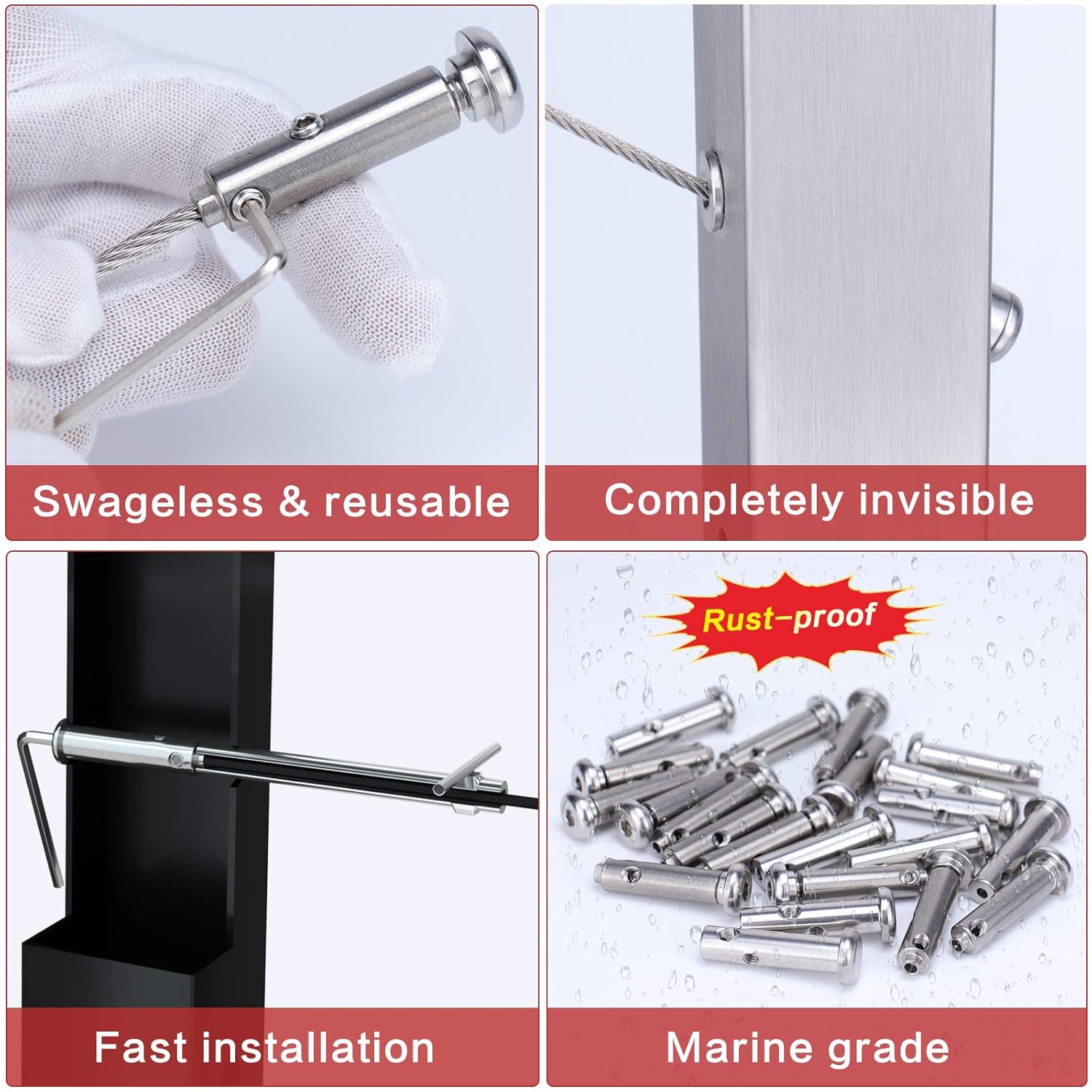 Muzata 40Set Cable Railing kit Invisible Swageless 1/8 Turnbuckle Tensioner Terminal Hidden Round Head for 2x2 Metal Post Deck Stairs SpaceSaver System CB07,CL1 CV1 CV2