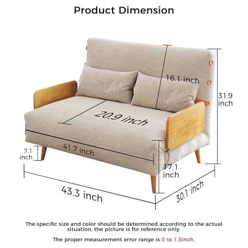 3-in-1 Convertible Chair Bed Sleeper for Adults, Linen Convertable Sleeper Chair with Wooden Arms & Pillows, Foldable Single Futon Sofa Bed (Mid Century with Walnut Arm, 36.6" Wide)